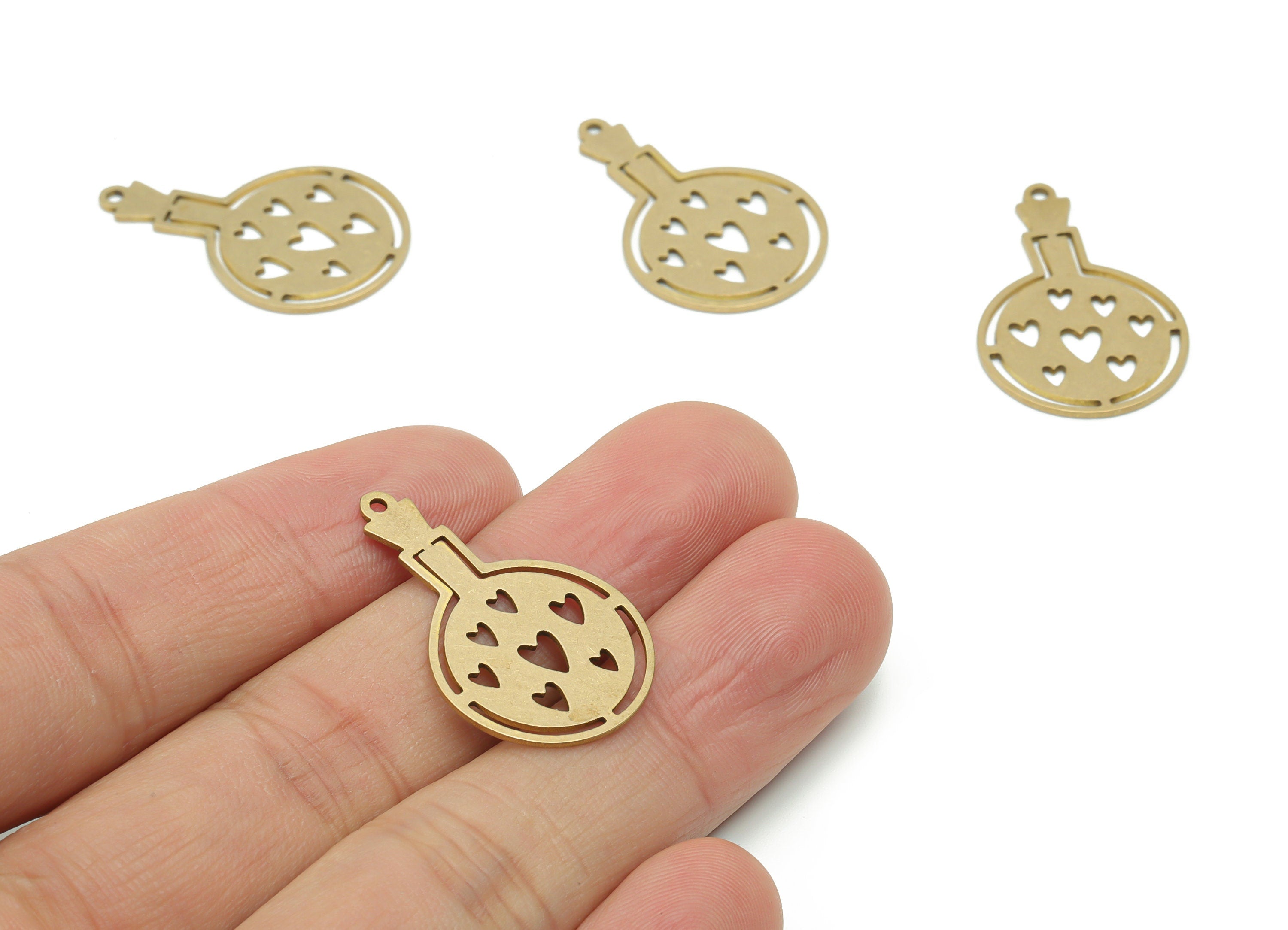 Brass Bottle Heart Earring Charms - Raw Brass Round Heart Pendant - Jewelry Making Supplies - 29.88x18.91x0.78mm - PPZ0128 - DOMEDBAZAAR