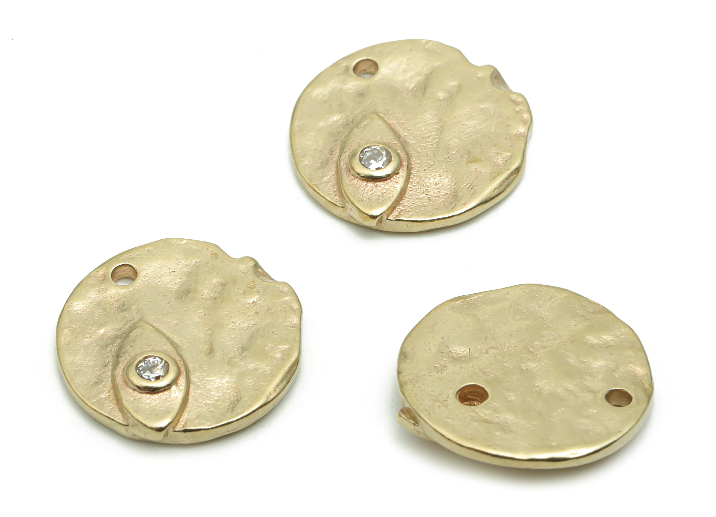 Brass Hammered Round Eye Earring Charms With Zircons - Raw Brass Eye Circle Pendant - Jewelry Making Supplies - 14.56x14.43x2.65mm - PP5045 - DOMEDBAZAAR