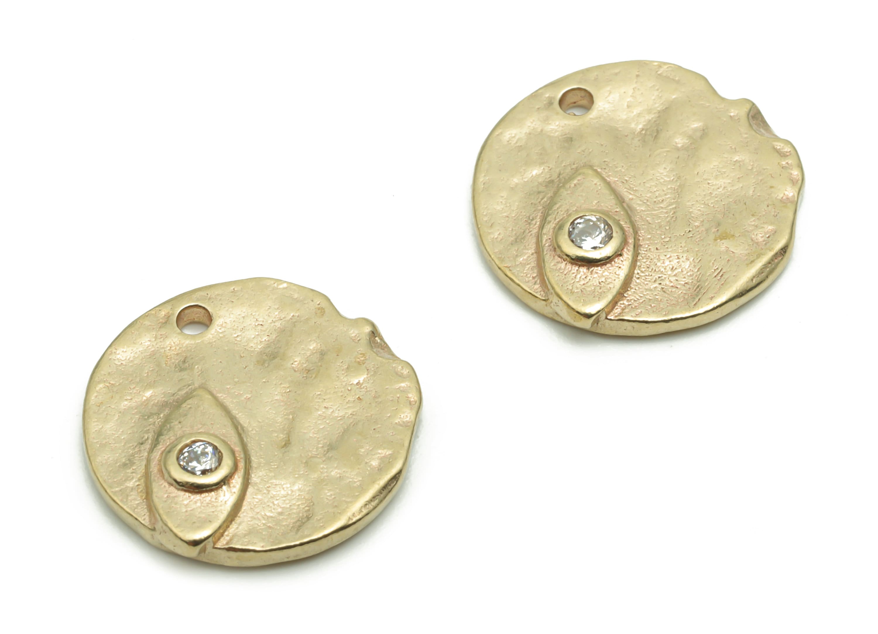 Brass Hammered Round Eye Earring Charms With Zircons - Raw Brass Eye Circle Pendant - Jewelry Making Supplies - 14.56x14.43x2.65mm - PP5045 - DOMEDBAZAAR
