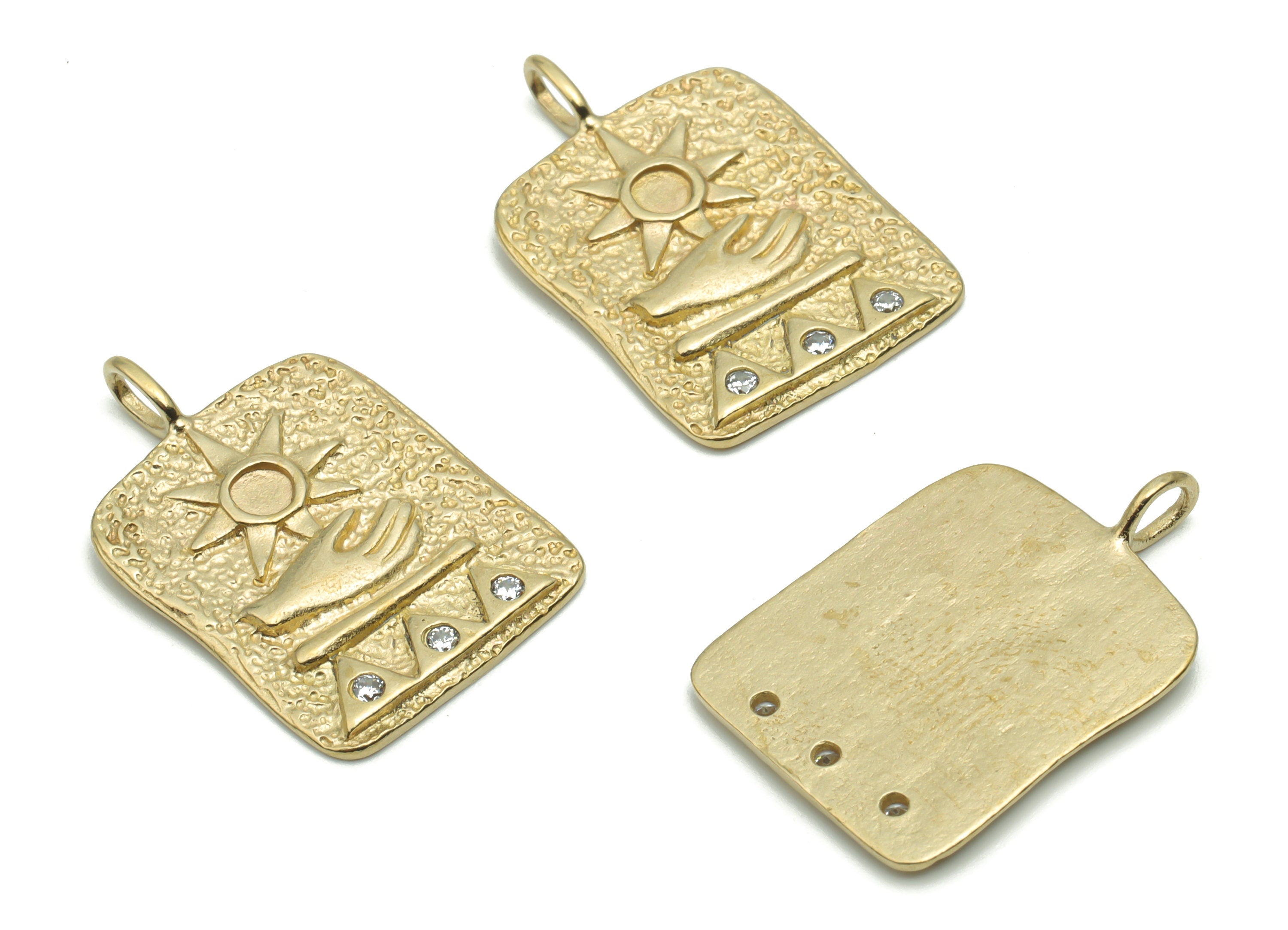 Brass Hammered Hold The Sun In Your Hand Charms With Zircons - Raw Brass Square Mountains Sun Hand Pendant - 26.29x17.48x1.5mm - PP5028 - DOMEDBAZAAR