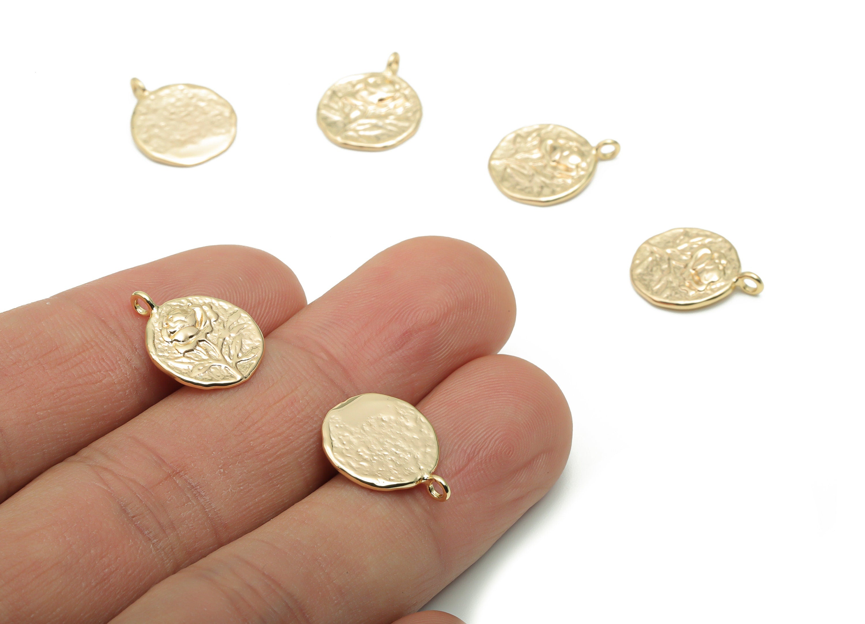 Brass Hammered Round Rose Flower Earring Charms - Gold Circle Flower Pendant - 18K Real Gold Plated Brass - 15.57x12.64x1.73mm - RGP4233 - DOMEDBAZAAR
