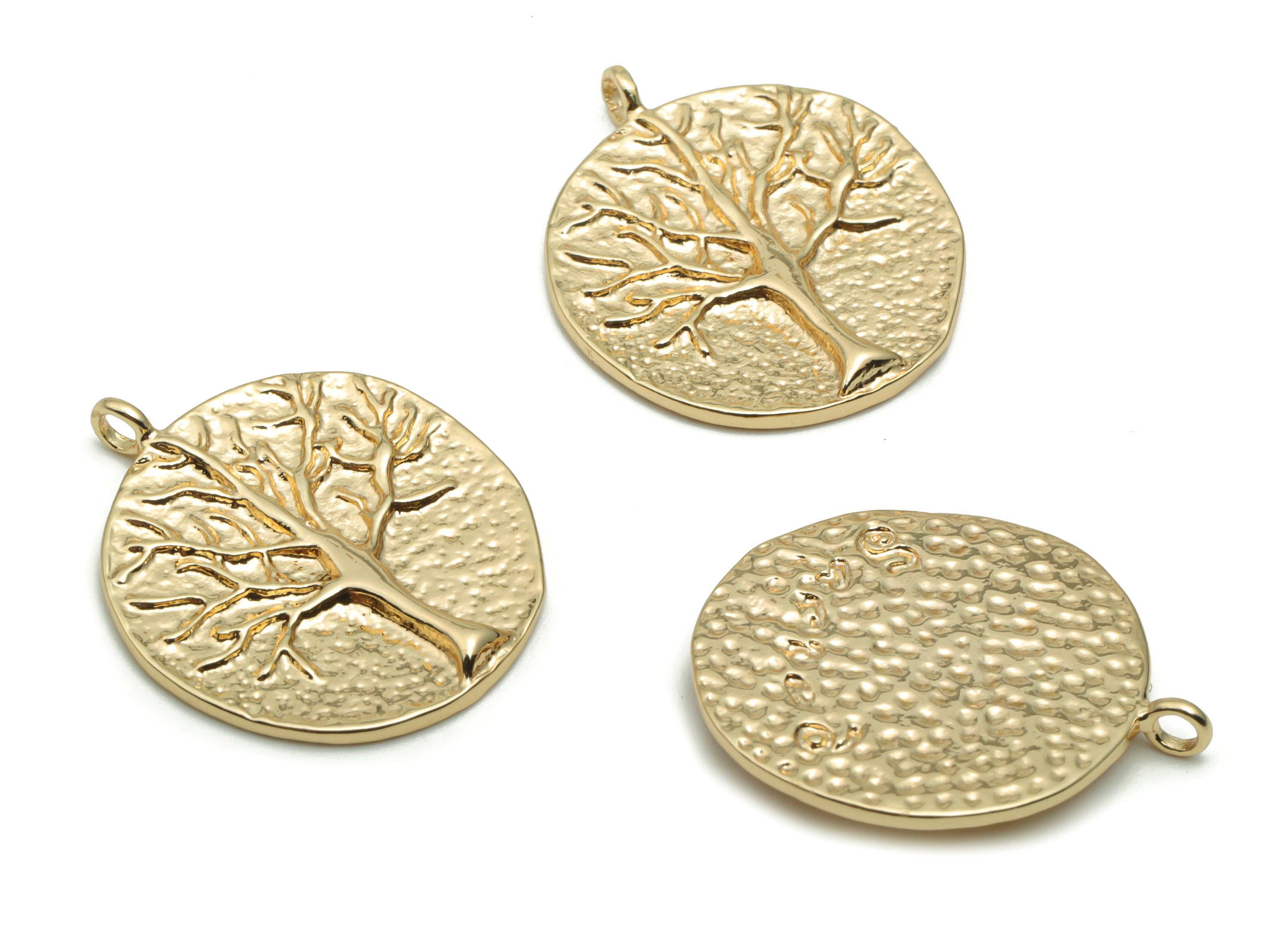 Brass Hammered Round Tree Root Earring Charms - Gold Circle Tree Root Pendant - 18K Real Gold Plated Brass - 22.28x18.89x1.6mm - RGP4246 - DOMEDBAZAAR