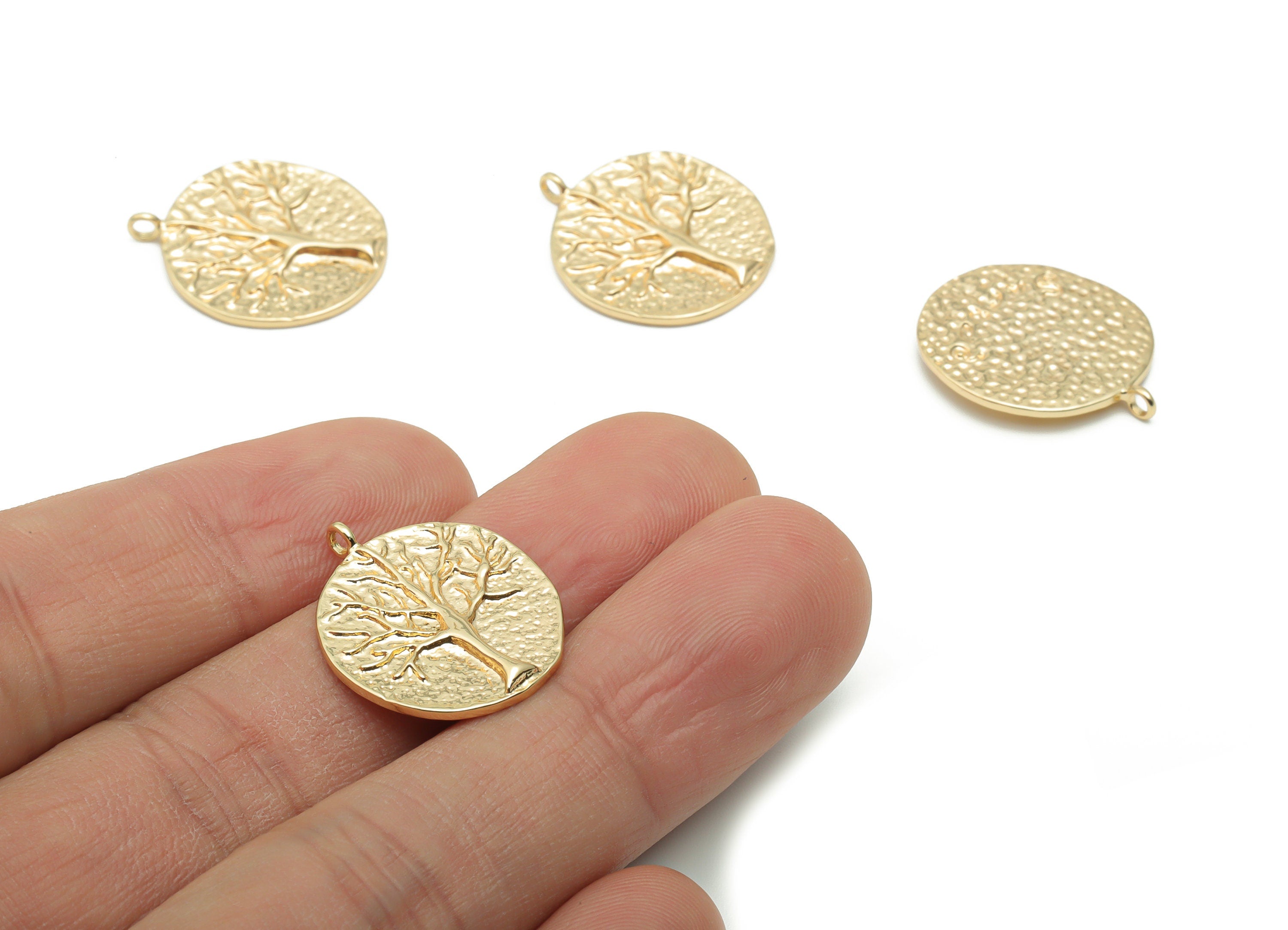 Brass Hammered Round Tree Root Earring Charms - Gold Circle Tree Root Pendant - 18K Real Gold Plated Brass - 22.28x18.89x1.6mm - RGP4246 - DOMEDBAZAAR
