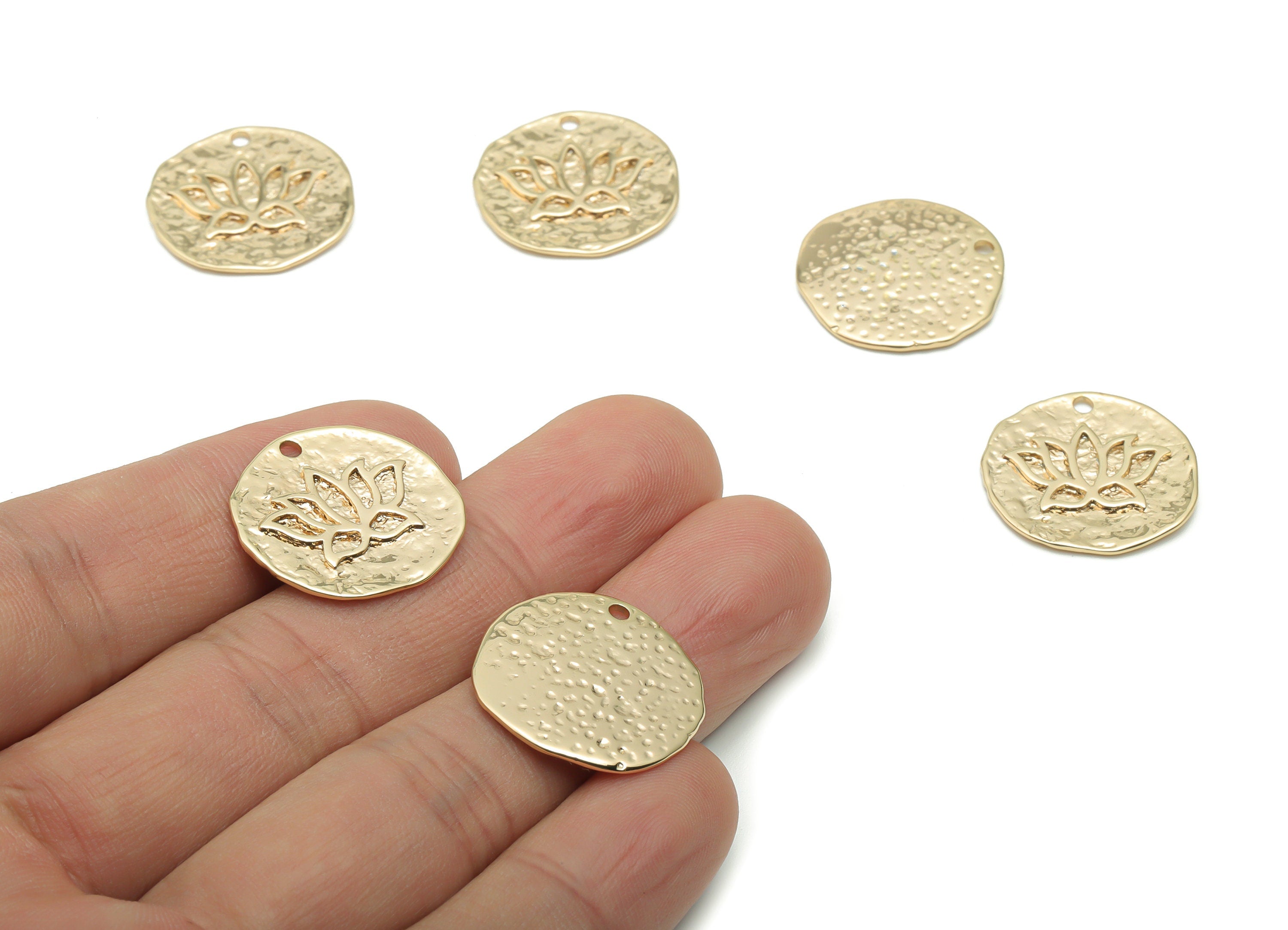 Brass Hammered Round Lotus Earring Charms - Gold Circle Flower Pendant - 18K Real Gold Plated Brass - 20.75x20.6x1.68mm - RGP4237 - DOMEDBAZAAR