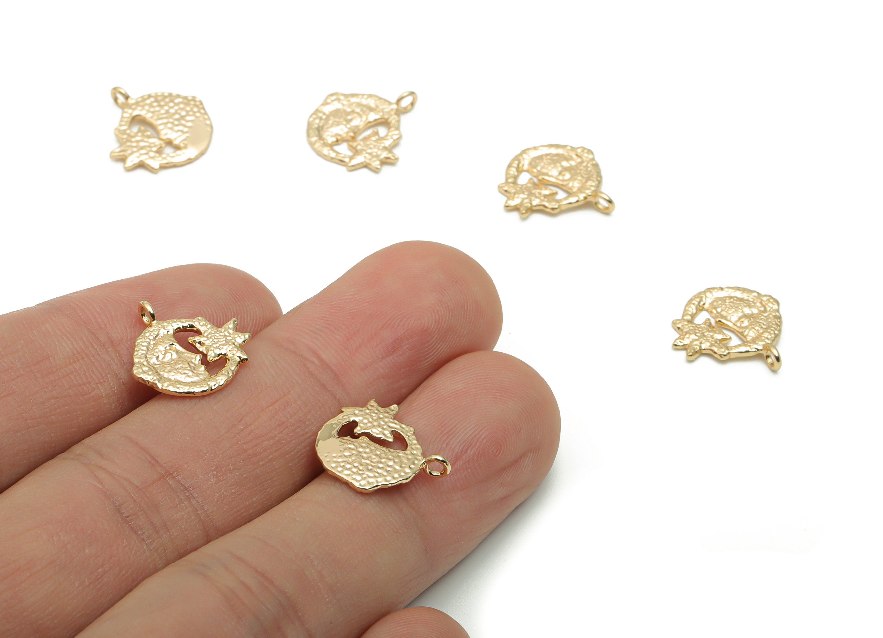 Brass Hammered Moon Face Star Earring Charms - Gold Round Crescent Pendant - 18K Real Gold Plated Brass - 13.92x13.45x1.13mm - RGP4224 - DOMEDBAZAAR