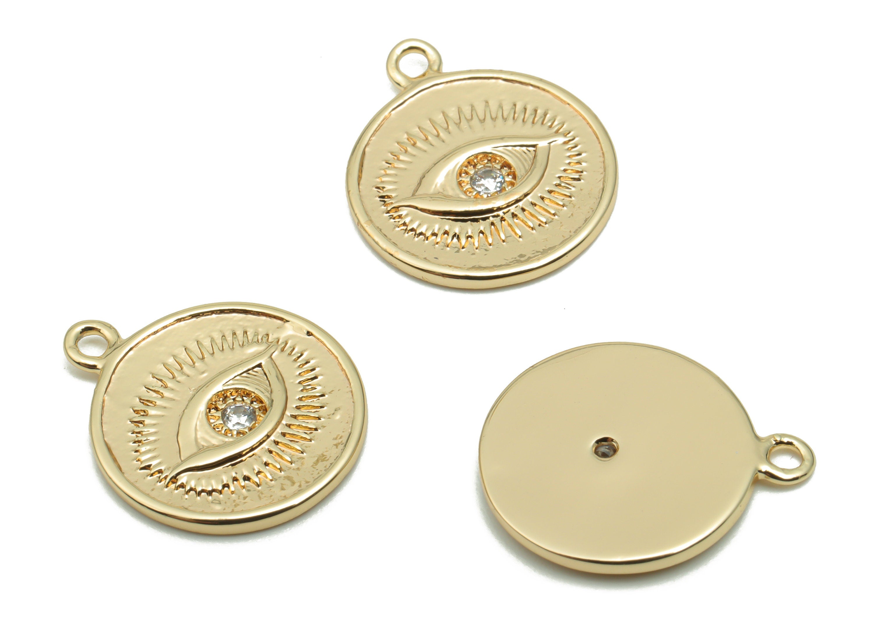 Brass Round Eye Earring Charms With Zircons - Gold Eyelash Circle Pendant - 18K Real Gold Plated Brass - 16.48x13.88x1.43mm - RGP4276 - DOMEDBAZAAR