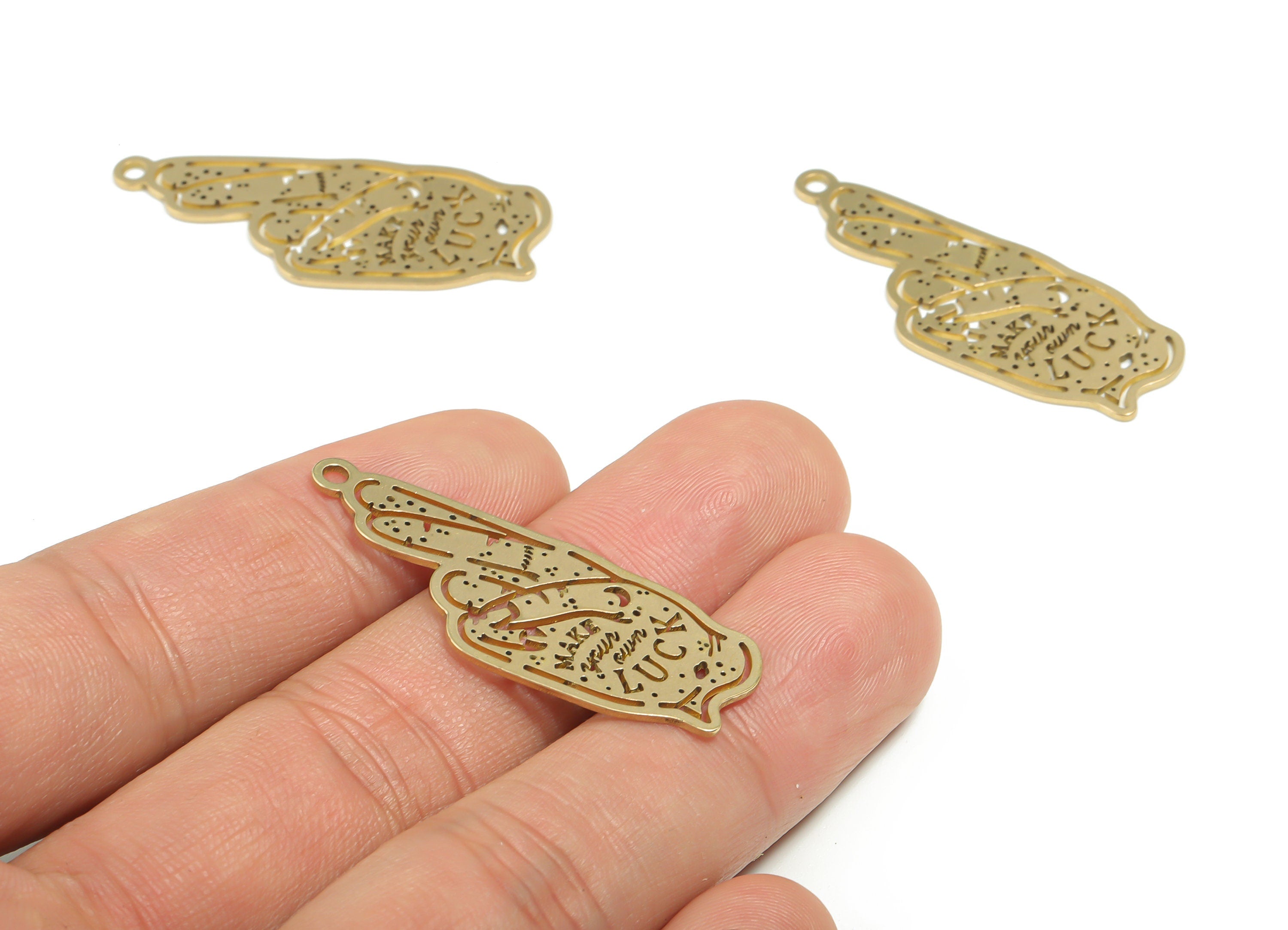Brass Hand Signs Earring Charms - Raw Brass Hand Luck Pendant - Jewelry Making Supplies - 39.45mm x 15.06mm x 0.85mm - PPZ0014 - DOMEDBAZAAR