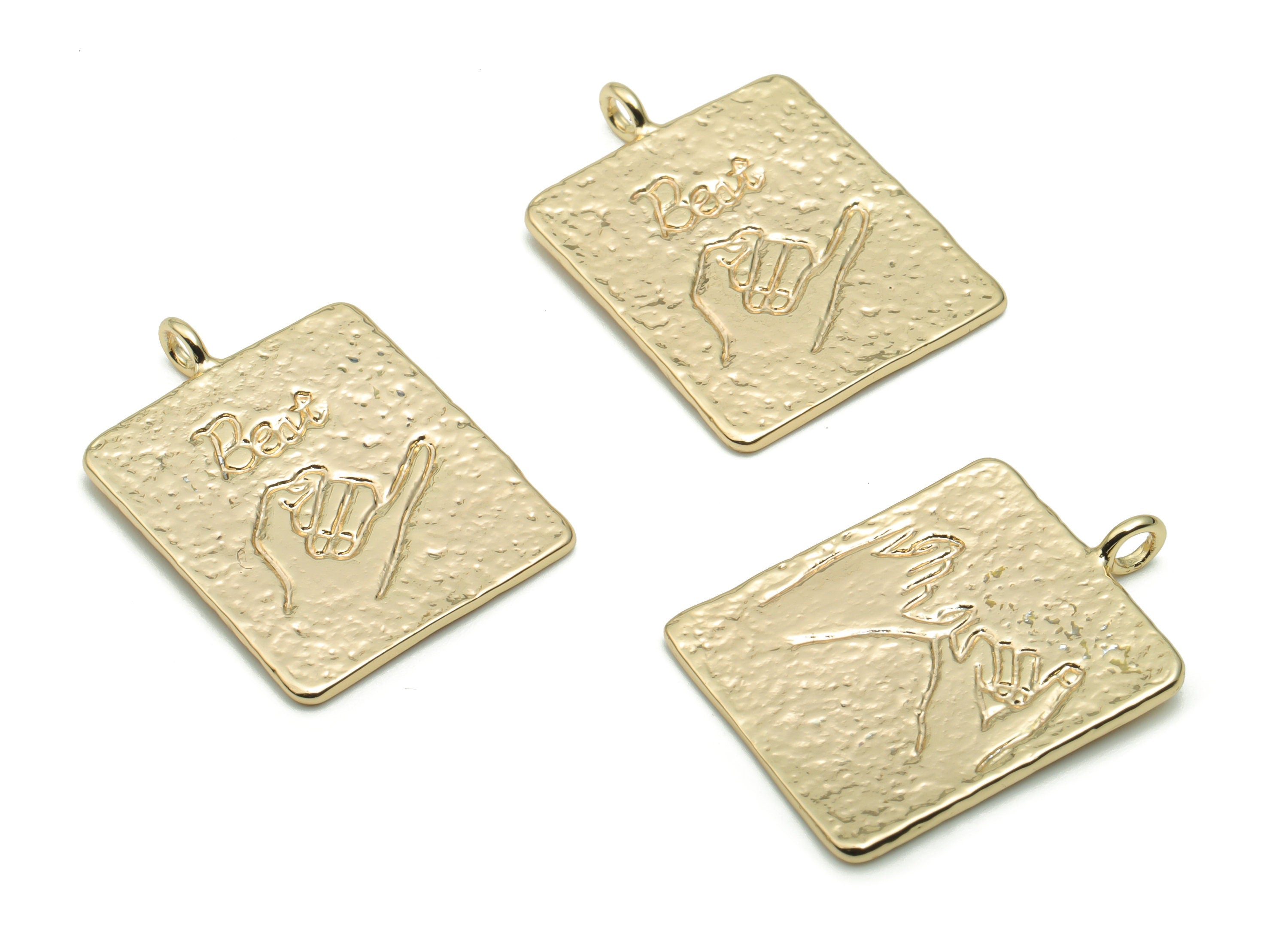 Brass Hammered Square Hand Pull Hook Earring Charms - Gold Hand Sings Pendant - 18K Real Gold Plated Brass - 26.17x19.05x1.04mm - RGP4268 - DOMEDBAZAAR