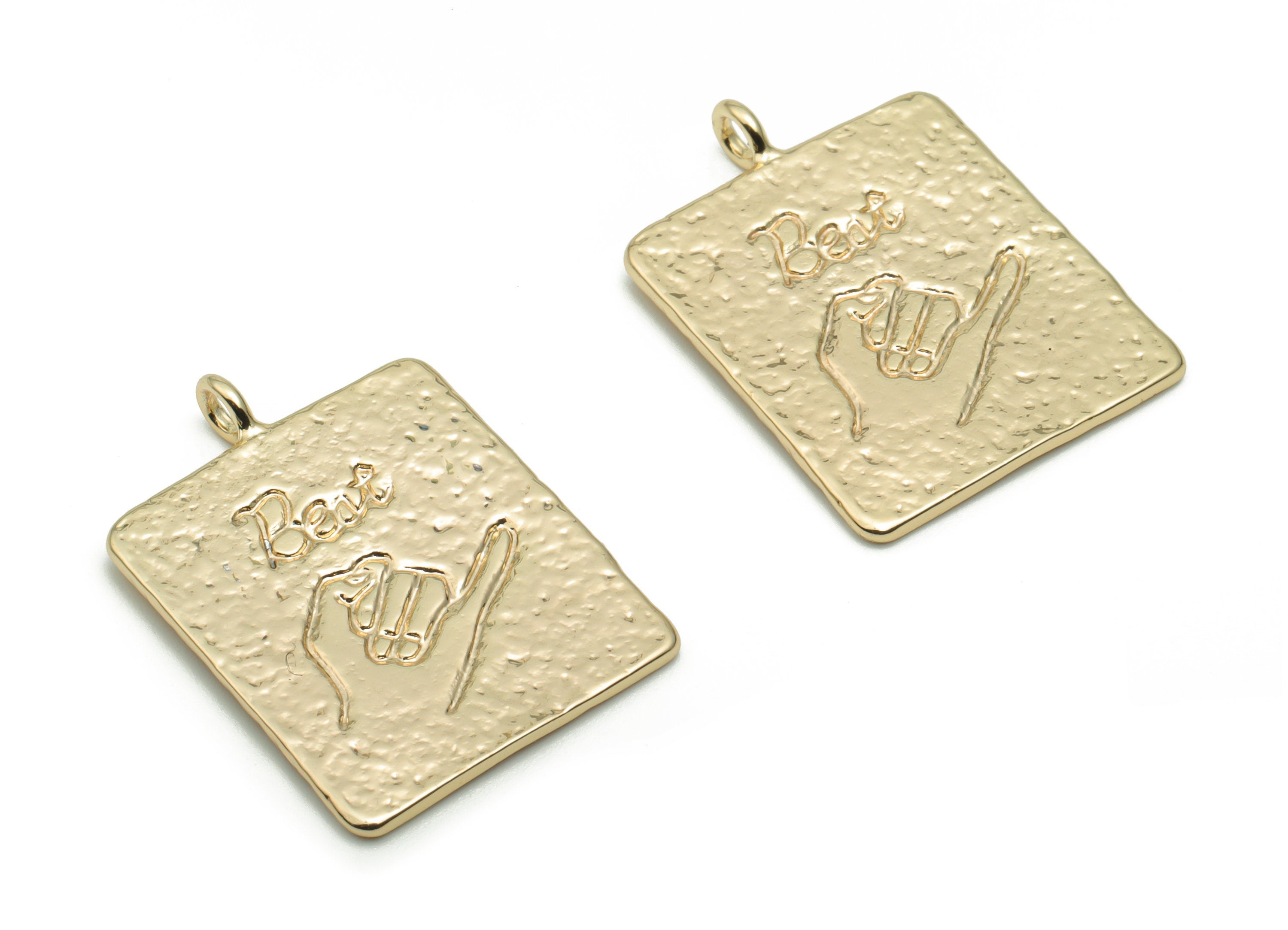 Brass Hammered Square Hand Pull Hook Earring Charms - Gold Hand Sings Pendant - 18K Real Gold Plated Brass - 26.17x19.05x1.04mm - RGP4268 - DOMEDBAZAAR