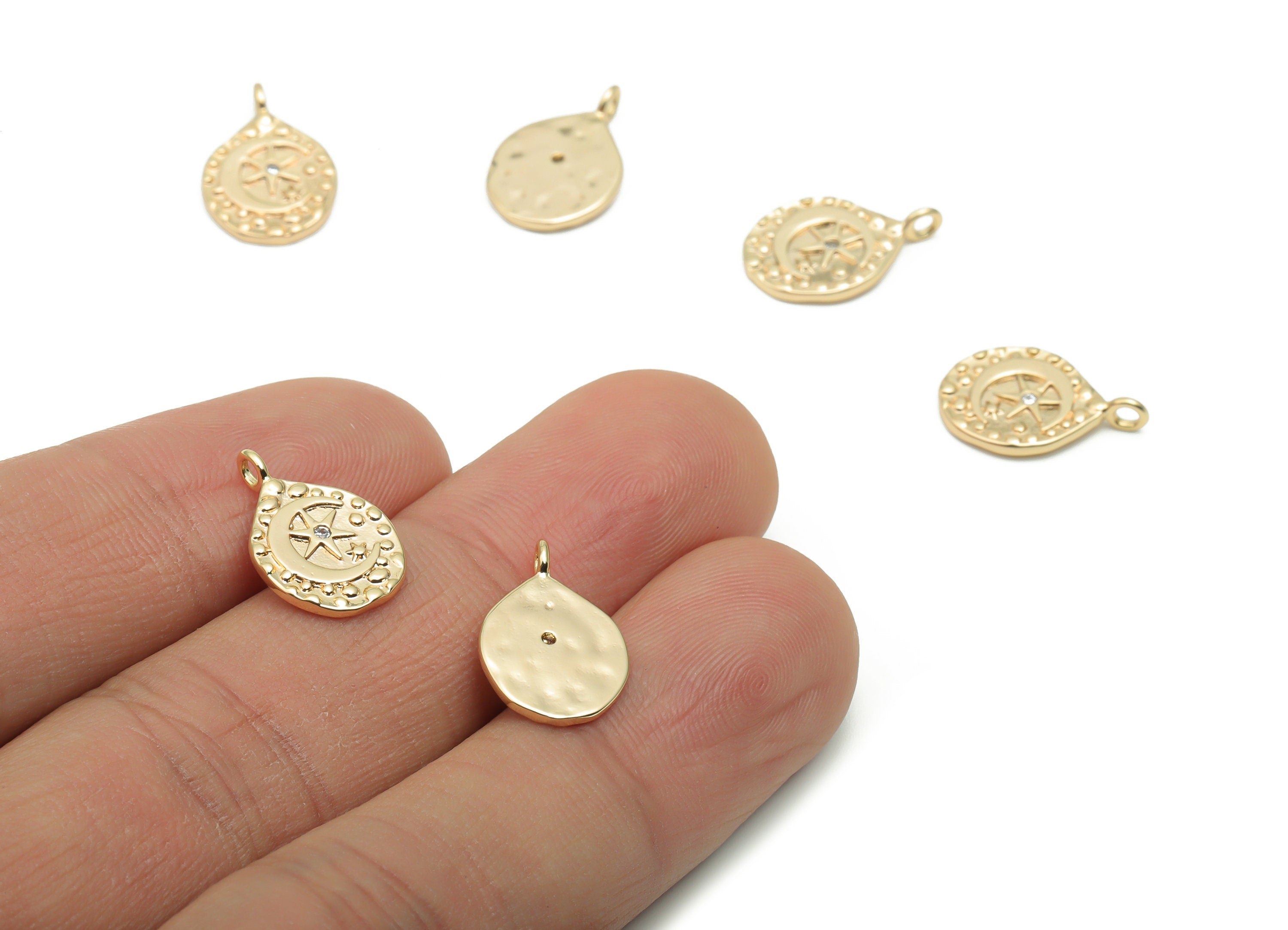 Brass Spotty Round Spotted Moon Star Charms With Zircons - Gold Crescent Circle Pendant - 18K Real Gold Plated Brass - 15x10x1mm - RGP4228 - DOMEDBAZAAR