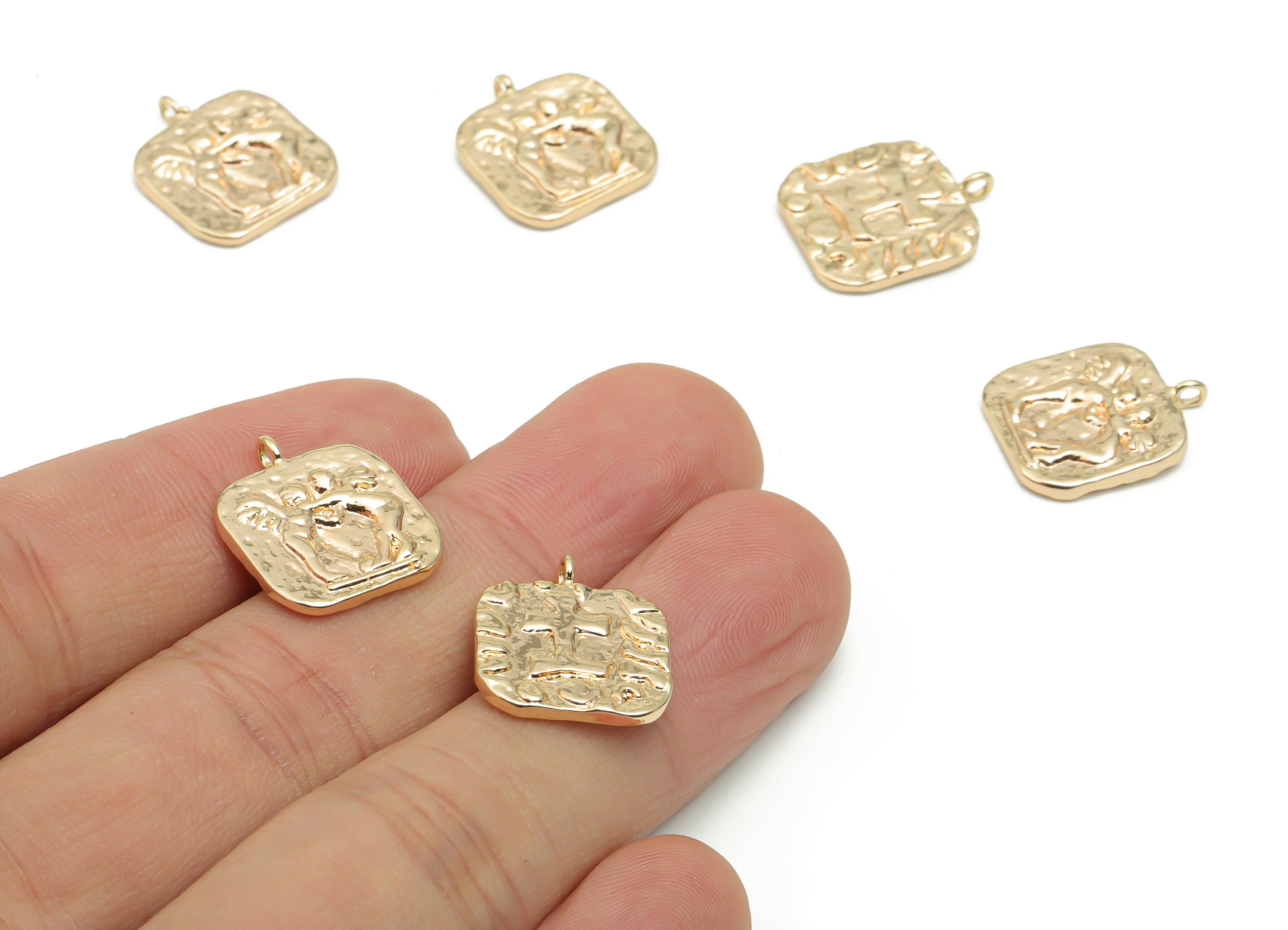 Brass Hammered Angel Hug Earring Charms - Gold Square Compass Angels Pendant - 18K Real Gold Plated Brass - 17.63x14.65x2.1mm - RGP4248 - DOMEDBAZAAR