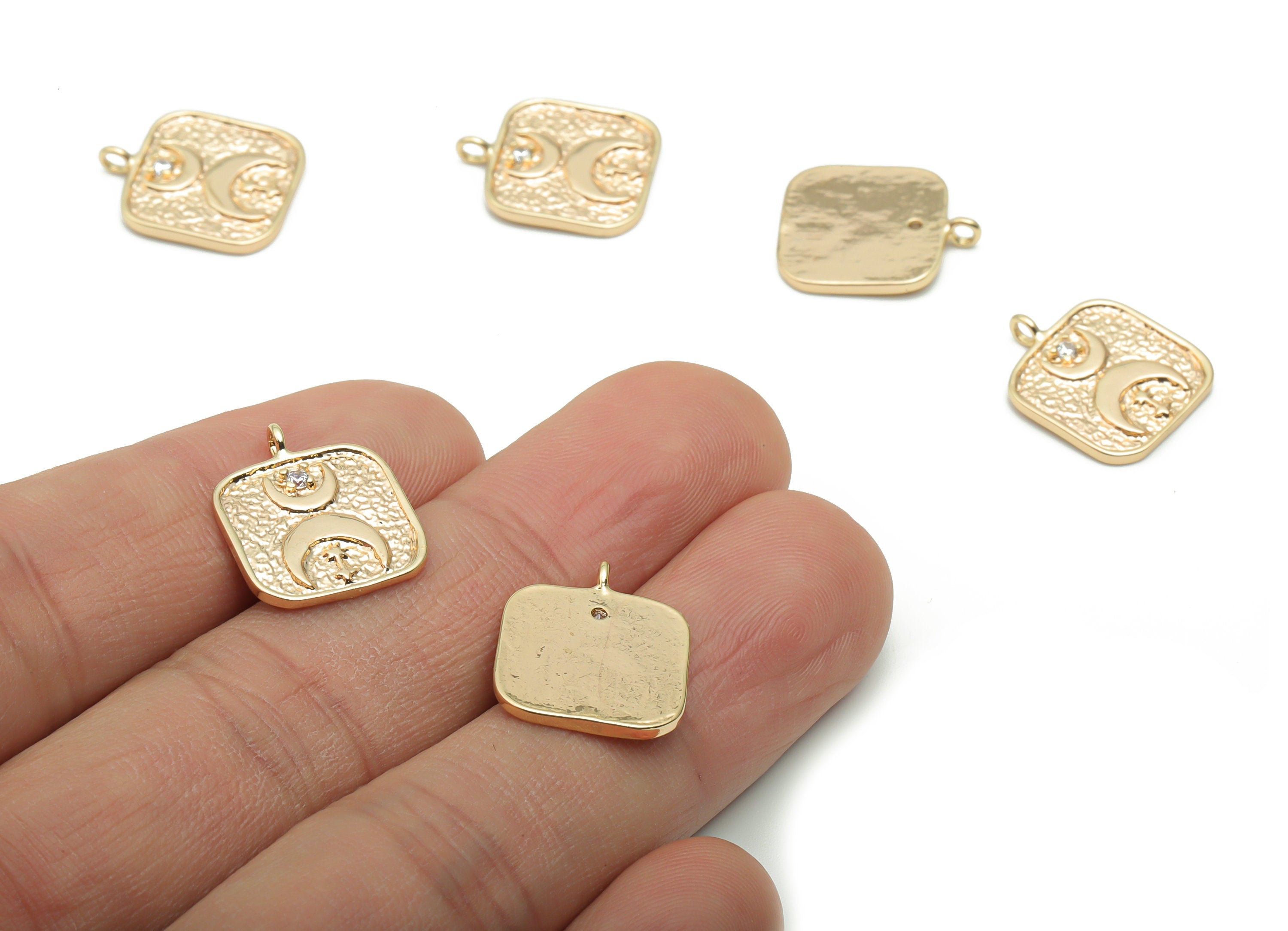 Brass Hammered Square Crescent Charms With Zircons - Gold Phase Of The Moon Pendant - 18K Real Gold Plated Brass - 16.8x14.1x1.5mm - RGP4220 - DOMEDBAZAAR