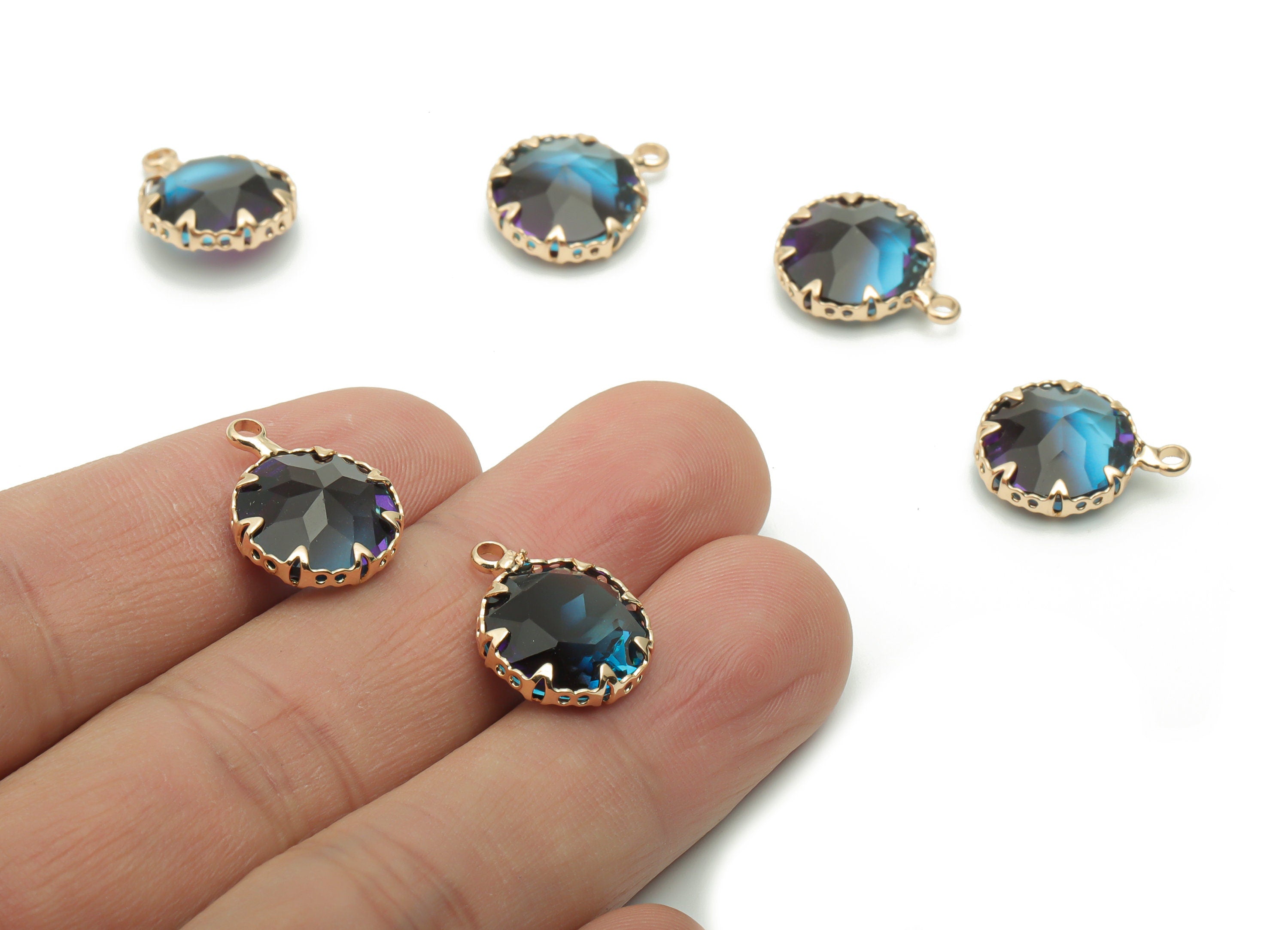 Glass Round Earring Charms - Brass Circle Pendant - Gold Tone Plated Brass - Jewelry Making Supplies - 16.47x13.08x5.91mm - GS1064 - DOMEDBAZAAR