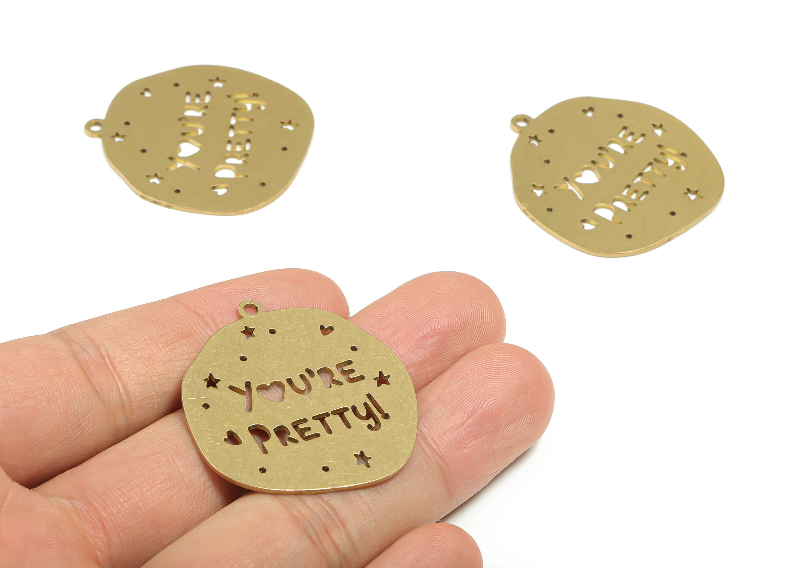 Brass You‘RE PRETTY Earring Charms - Raw Brass Star Heart English Pendant - Jewelry Supplies - 36.86mm x 34.17mm x 0.9mm - PPZ0043-1 - DOMEDBAZAAR