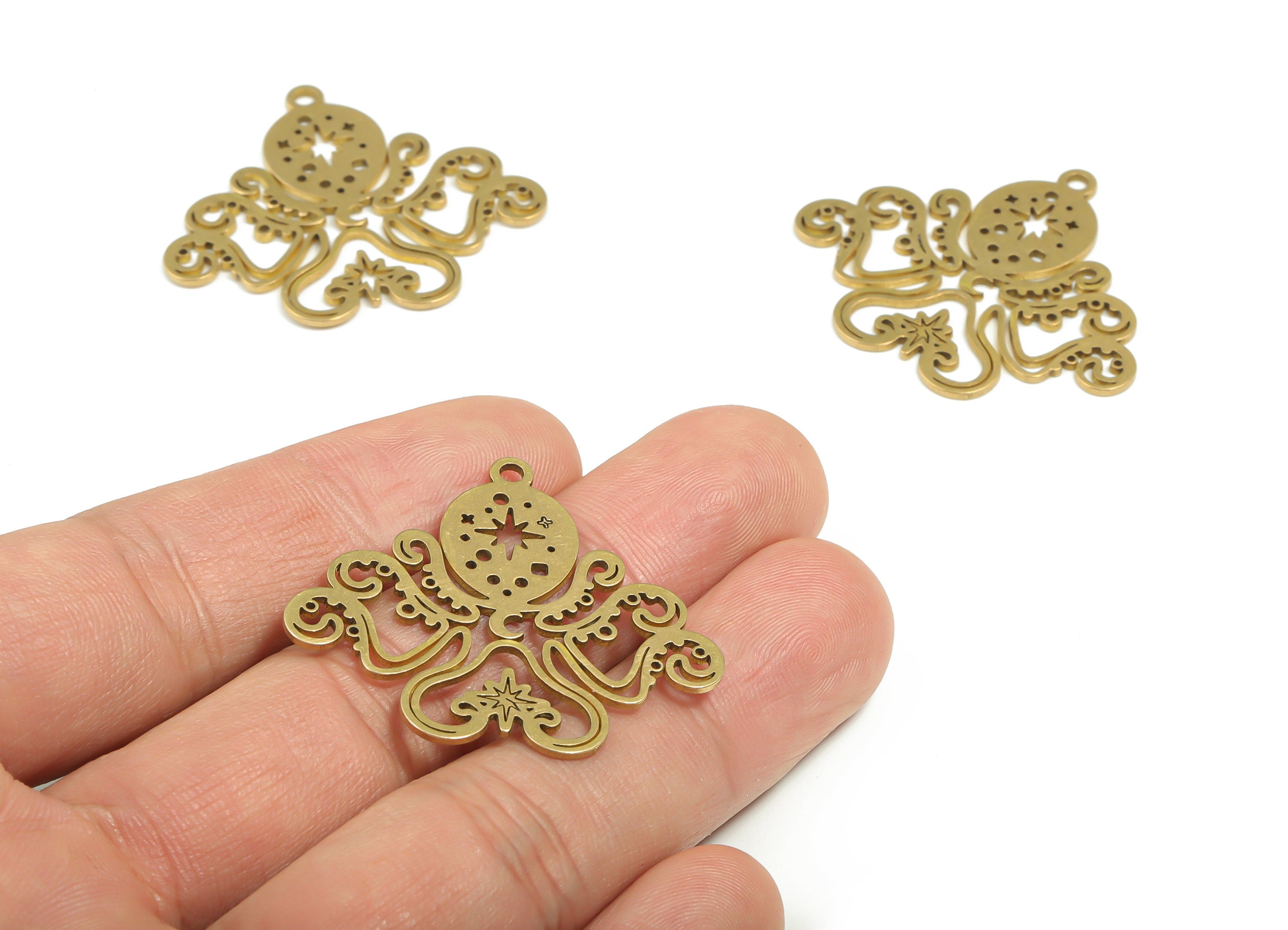 Brass Oval Star Earring Charms - Raw Brass Octopus Moon Pendant - DIY Jewelry Making Supplies - 37.42mm x 32.77mm x 0.88mm - PPZ0050 - DOMEDBAZAAR