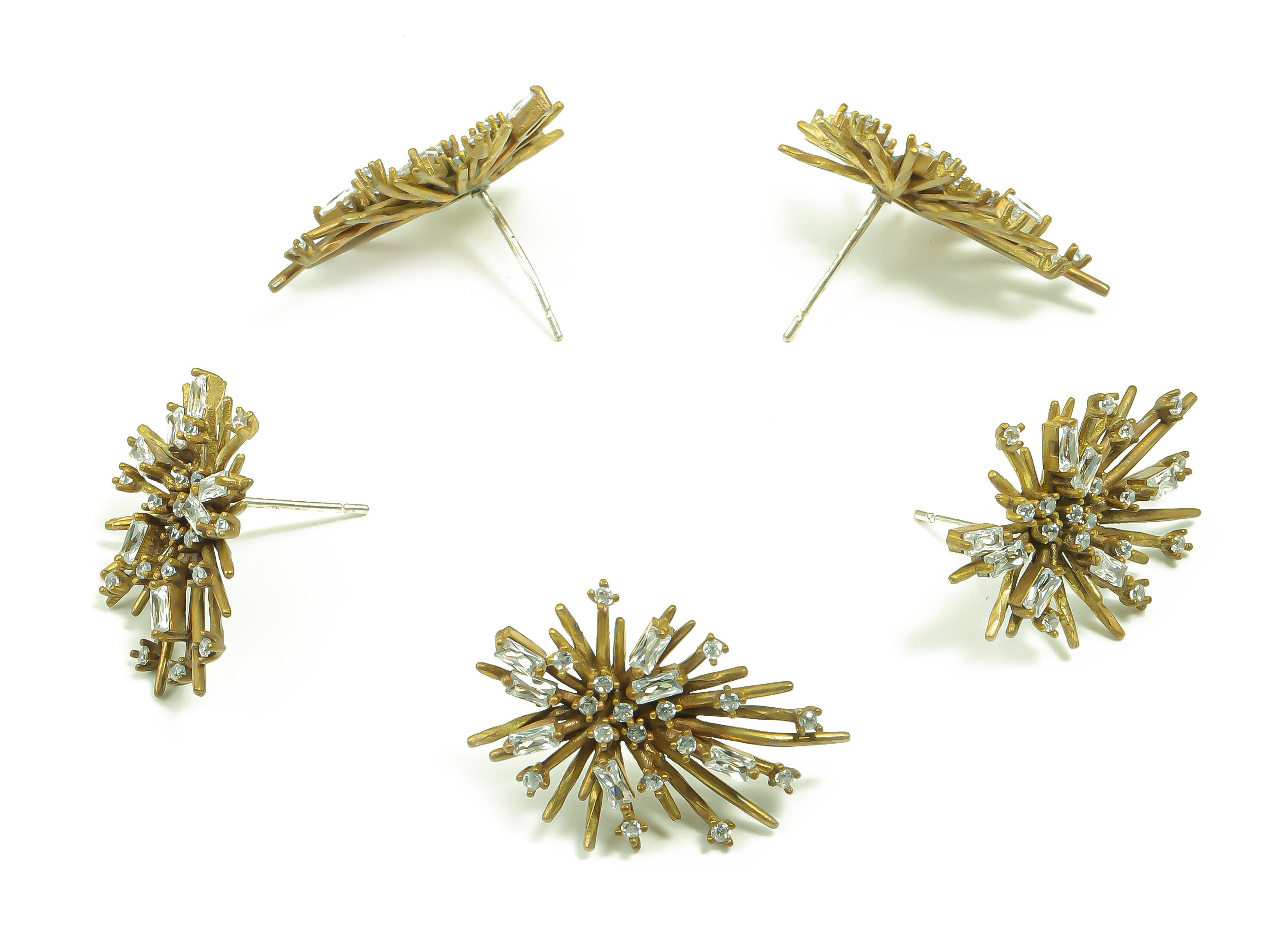 Brass Branch Earring Stud With Zircons - Raw Brass Thorny Earring Post - Brass Stud - Jewelry Making Supplies - 24.26x16.59x4.24mm - PP4898 - DOMEDBAZAAR