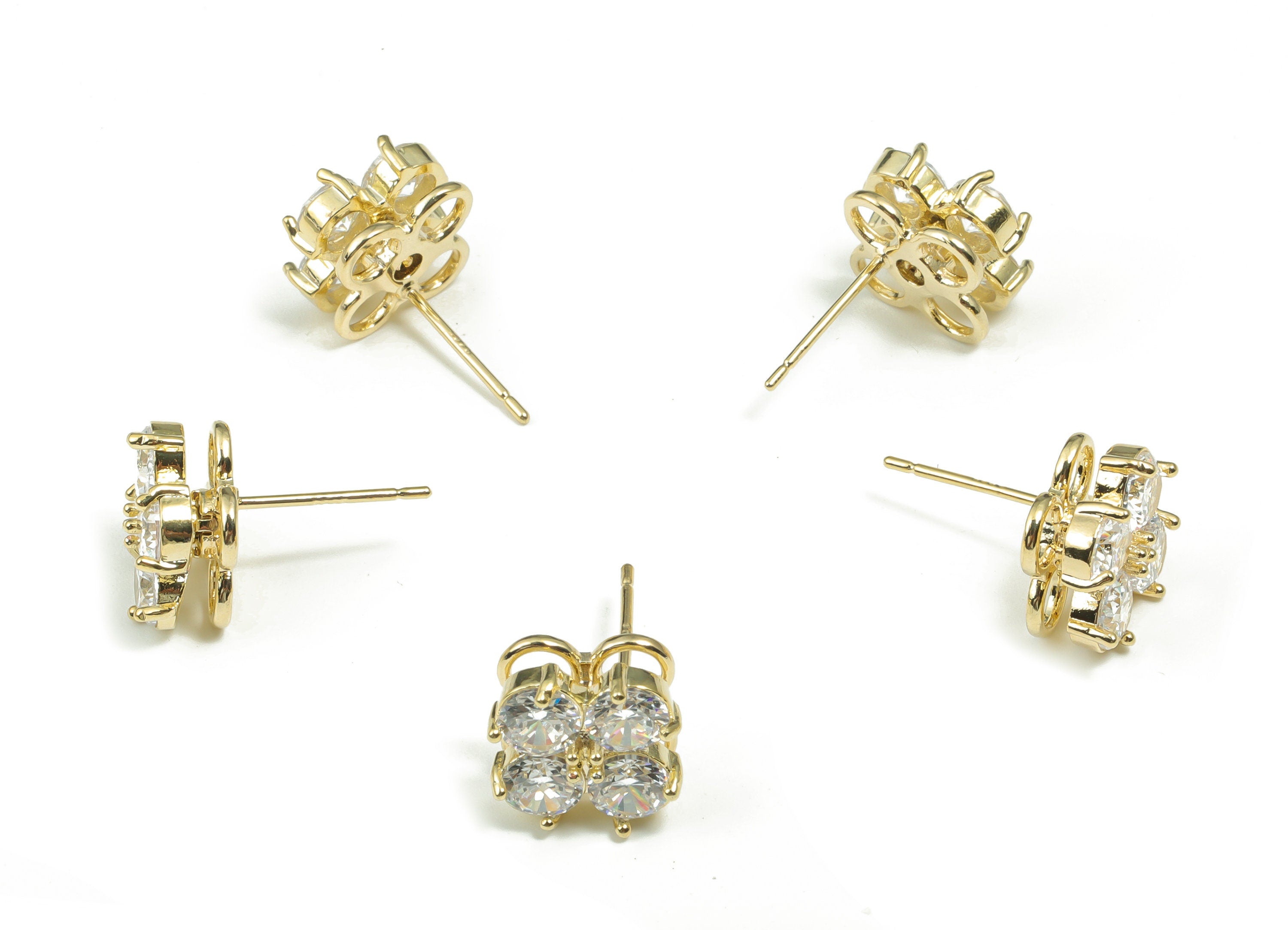 Brass Flower Earring Stud With Zircons - Gold Flower Post - Turning Earrings - 14K Real Gold Plated Brass - 11.09x11.09x6.04mm - RGP4172 - DOMEDBAZAAR