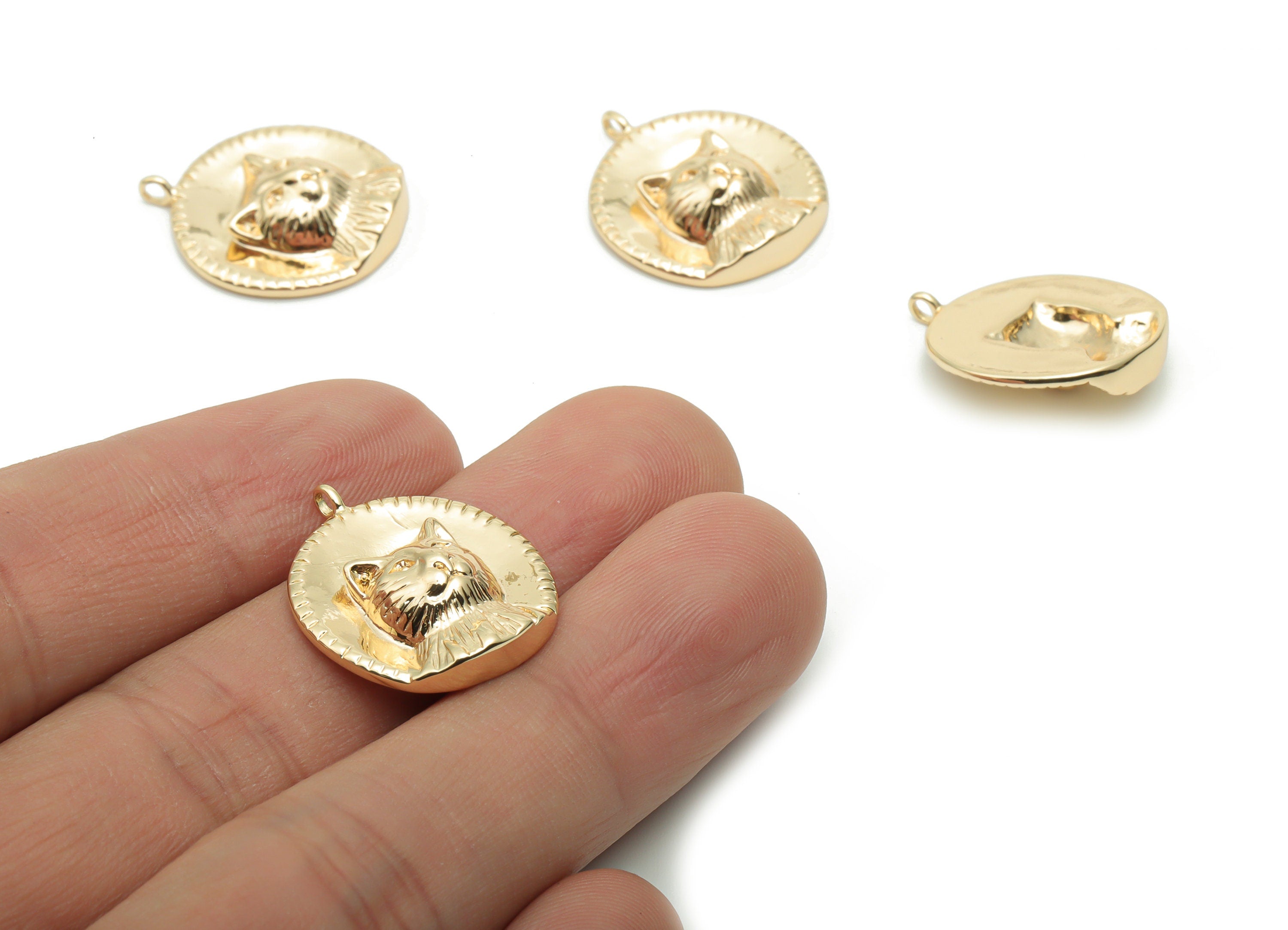 Brass Round Cat Earring Charms - Gold Cat Relief Pendant - 18K Real Gold Plated Brass - Jewelry Supplies - 22.39x19.33x5.22mm - RGP4212 - DOMEDBAZAAR