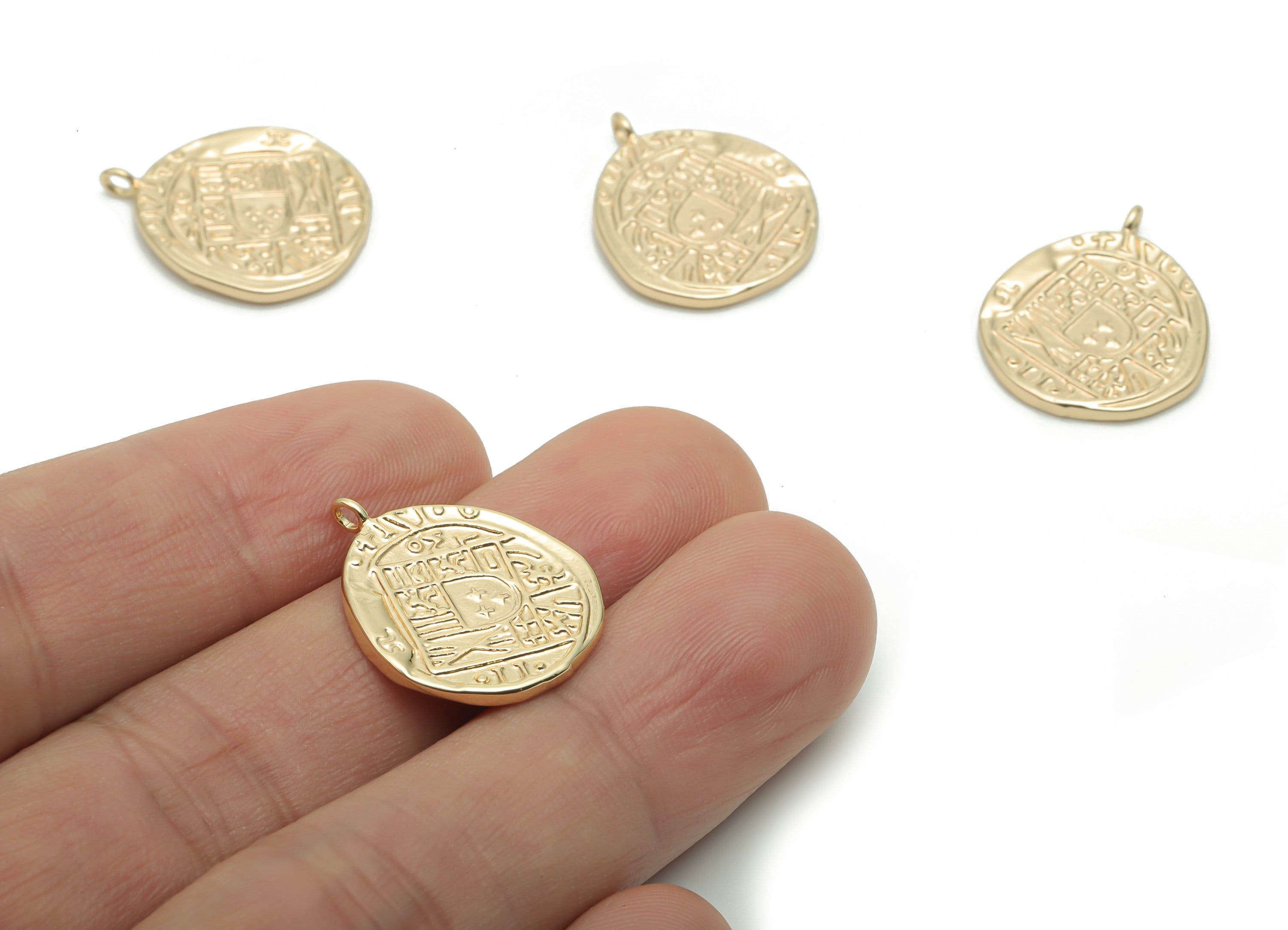 Brass Oval Look Old Medallion Earring Charms - Gold Look Old Coin Pendant - 18K Real Gold Plated Brass - 21.6x17.73x1.48mm - RGP4251 - DOMEDBAZAAR