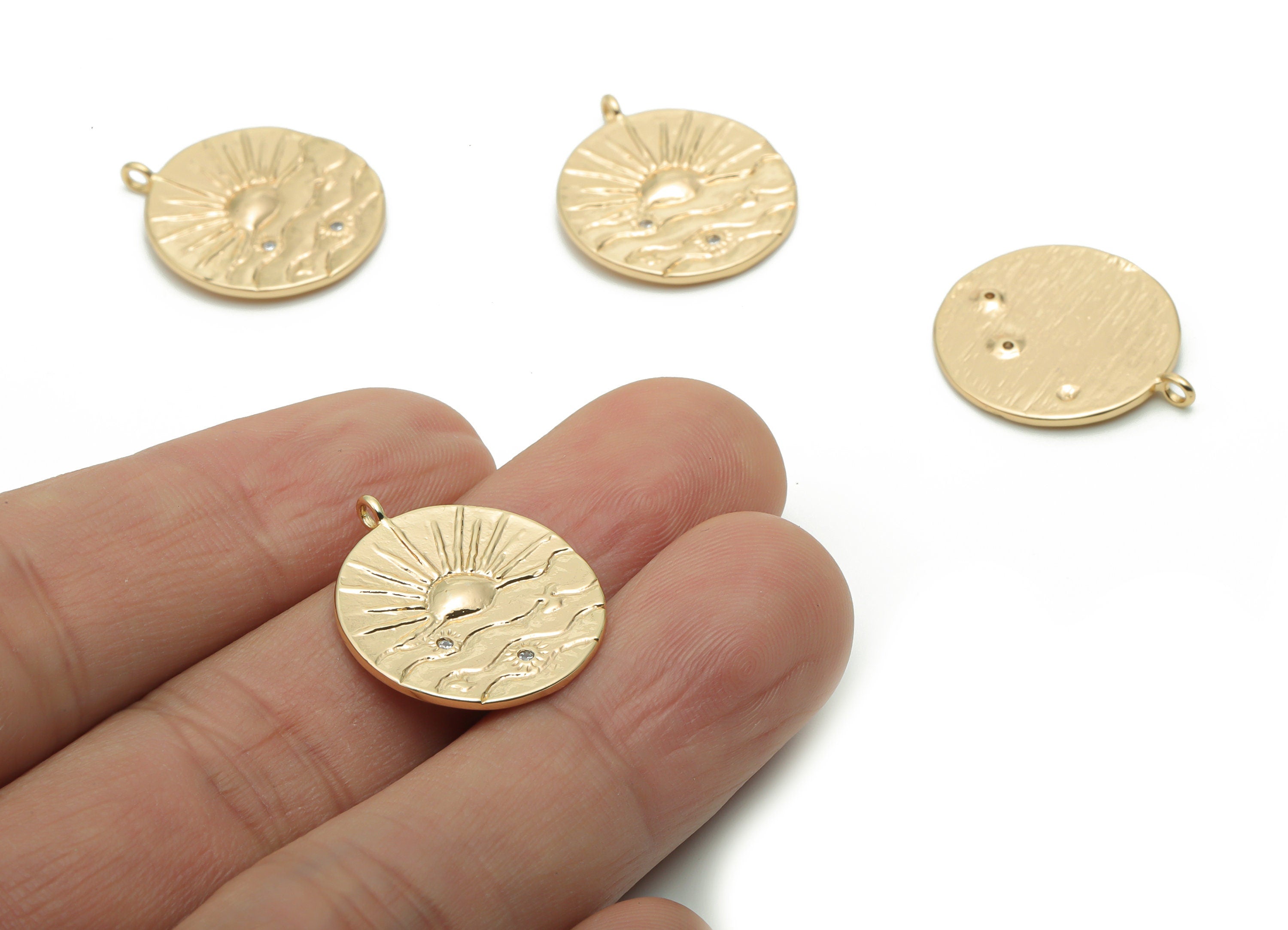 Brass Texture Round Sea Sparkle Charms With Zircons - Gold Sun Waves Pendant - 18K Real Gold Plated Brass - 22.28x19.34x1.43mm - RGP4270 - DOMEDBAZAAR