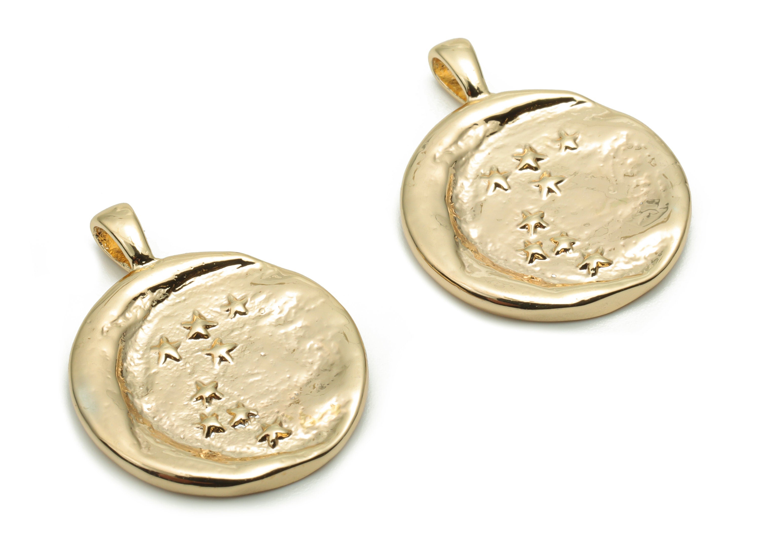 Brass Round Moon Star Charms - Gold Crescent Circle Pendant - 18K Real Gold Plated Brass - Jewelry Supplies - 21.85x17.36x1.62mm - RGP4254 - DOMEDBAZAAR