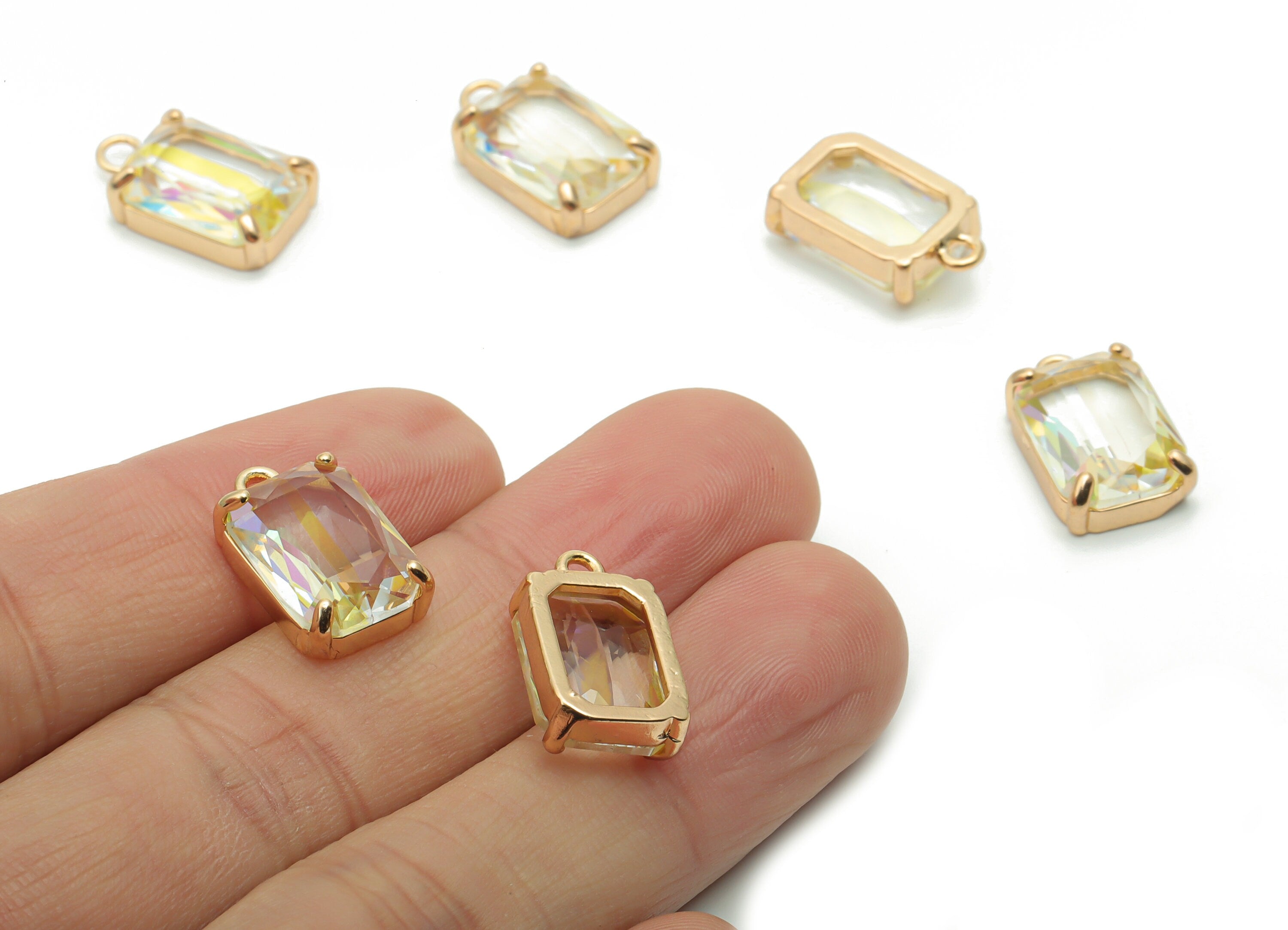 Glass Square Earring Charms with Loop - Brass Frame Square Pendant - Gold Tone Plated Brass – Faceted Glass – 16.83x10.07x5.55mm – GS1129B - DOMEDBAZAAR