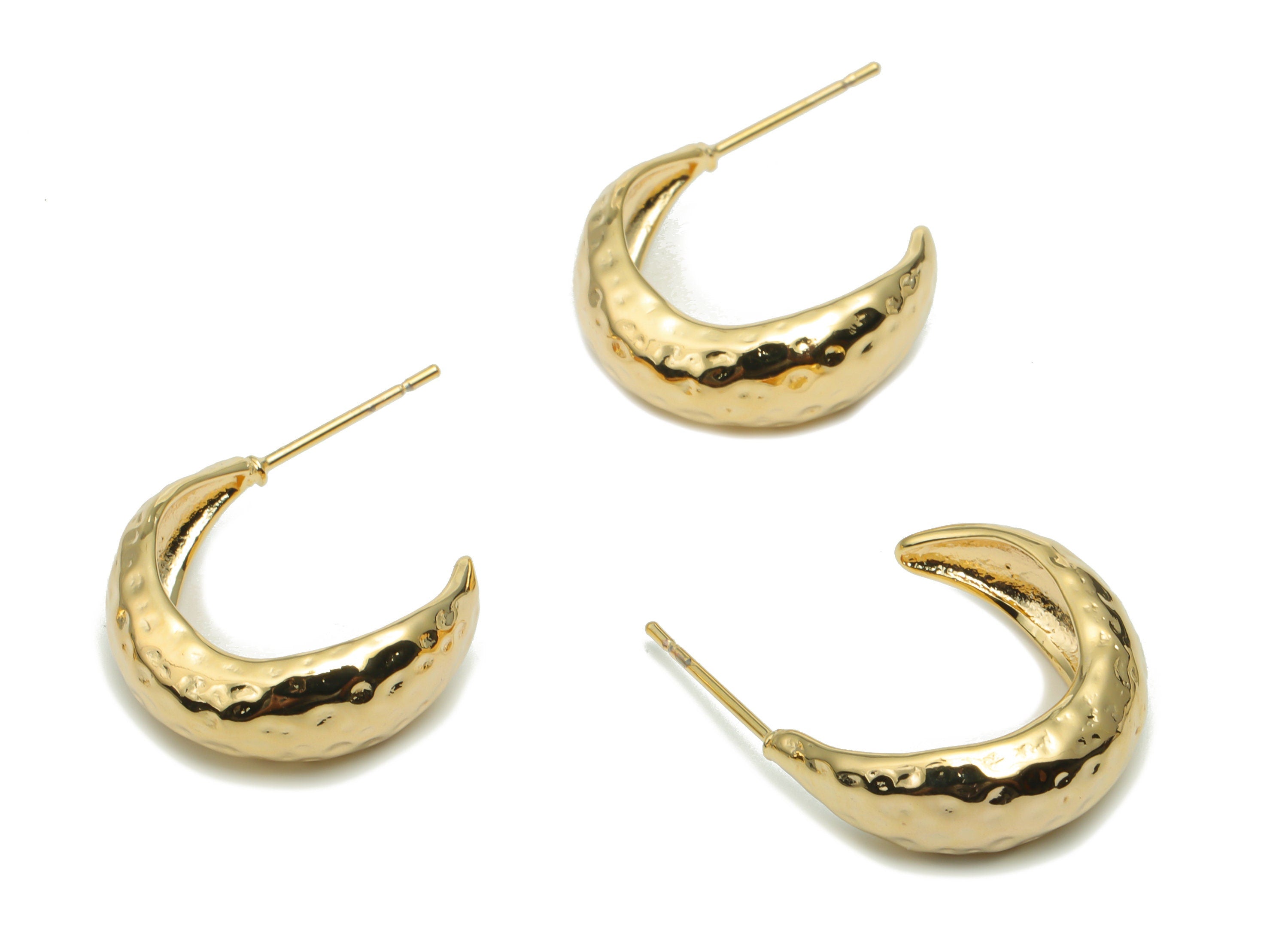 Brass Hammered C Earring Post - Gold C Stud - 18K Real Gold Plated Brass - 316 Surgical Stainless Steel Stud - 18.62x15.87x1.2mm - RGP4281 - DOMEDBAZAAR