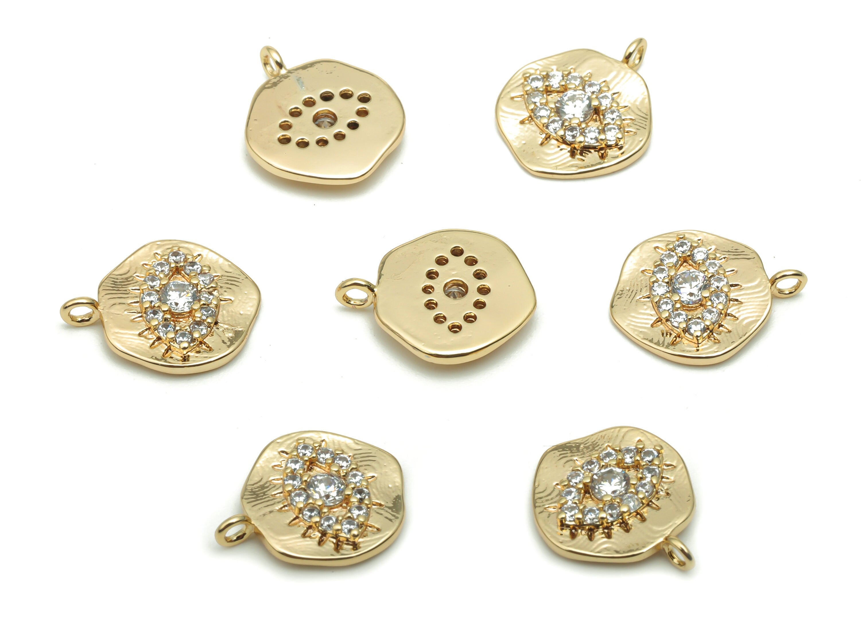Brass Mini Round Eye Charms With Zircons - Gold Eyelashes Pendant - Jewelry Supplies - 18K Real Gold Plated Brass - 12.7x10.6x2.2mm -RGP4286 - DOMEDBAZAAR
