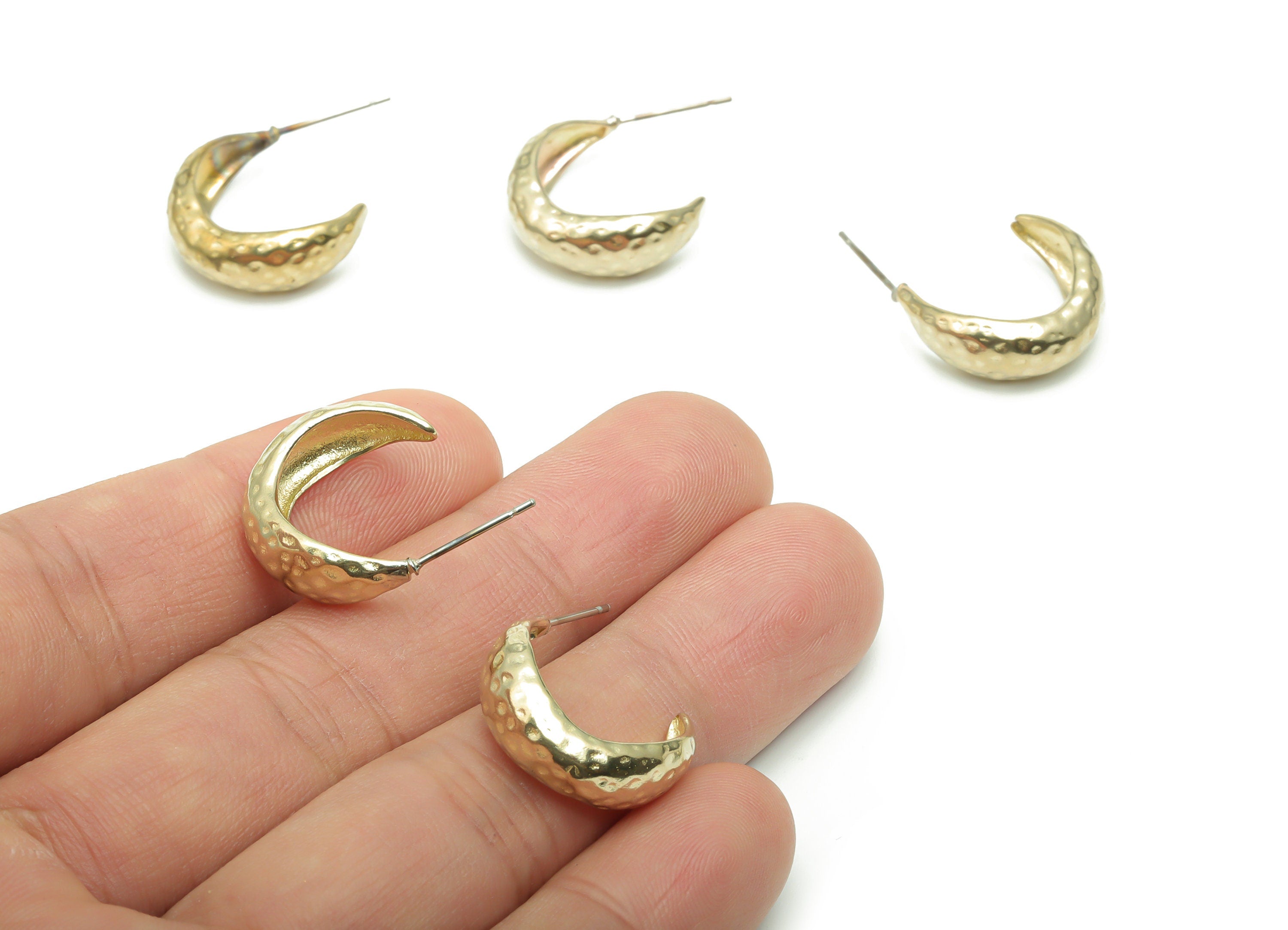 Brass Hammered C Earring Stud - Raw Brass C Earring Post - Open Hoop Stud - 316 Surgical Stainless Steel Stud - 19x15.34x1.38mm - PP5092 - DOMEDBAZAAR