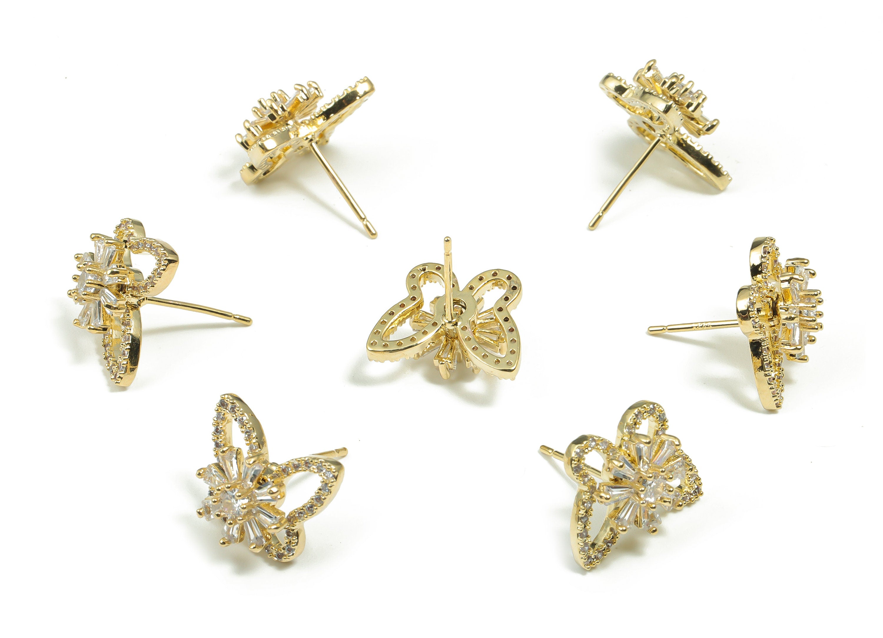Brass Butterfly Earring Stud With Zircons - Gold Flower Post - Turning Earrings - 14K Real Gold Plated Brass - 15.08x12.25x6.57mm - RGP4174 - DOMEDBAZAAR
