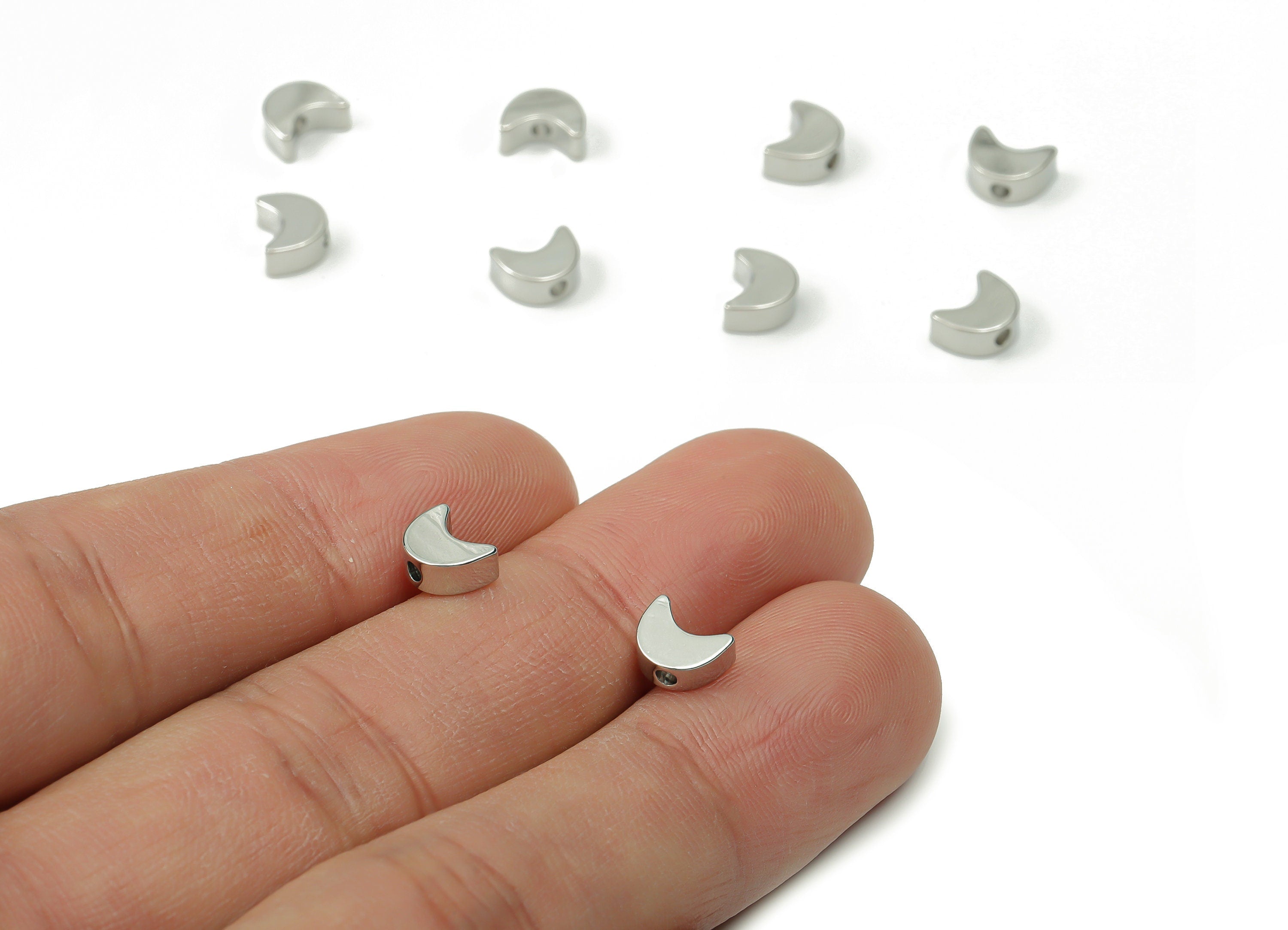 Blank Crescent Moon Beads - Brass Crescent Beads - 18K Real White Gold Plated Brass – Jewelry Making Supplies - 6.81x5.35x2.76mm - RGP3137S - DOMEDBAZAAR