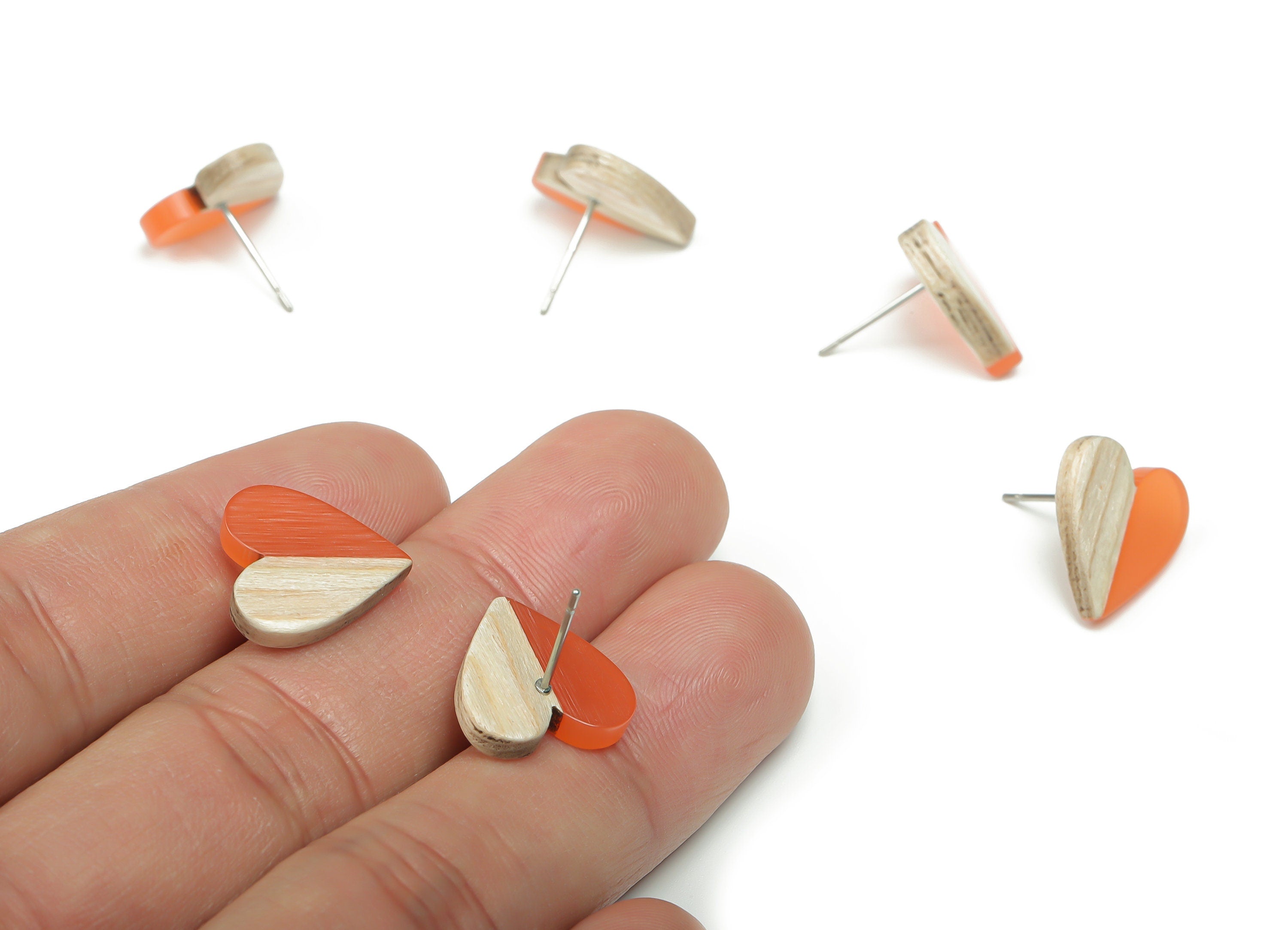 Resin Heart Earring Stud - Plain Wood Heart Post - 316 Surgical Stainless Steel Stud - Jewelry Making Supplies - 14.76x14.3x3.12mm - BB1133A - DOMEDBAZAAR