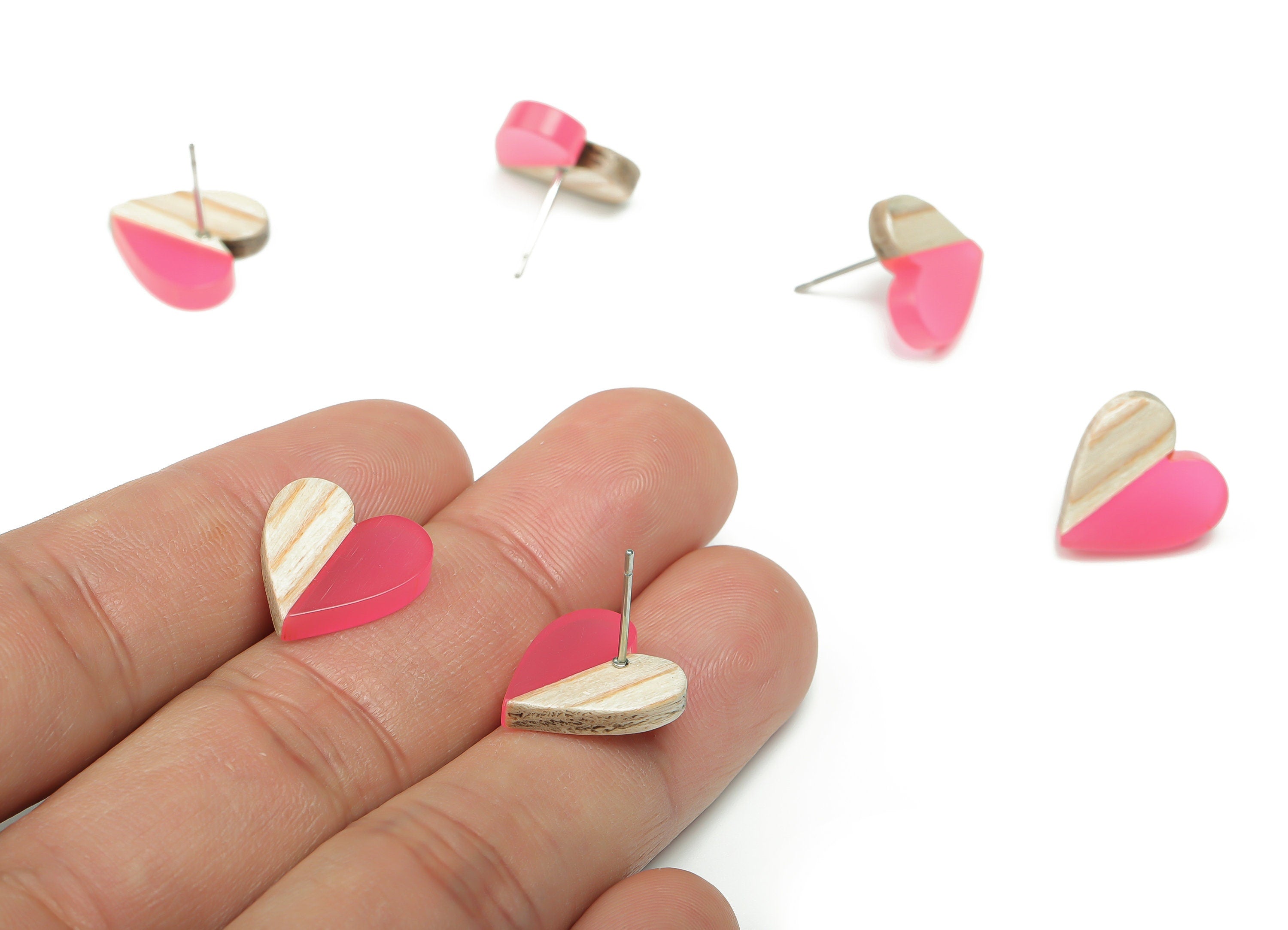 Resin Heart Earring Stud - Plain Wood Heart Post - 316 Surgical Stainless Steel Stud - Jewelry Making Supplies - 14.76x14.3x3.12mm - BB1133H - DOMEDBAZAAR