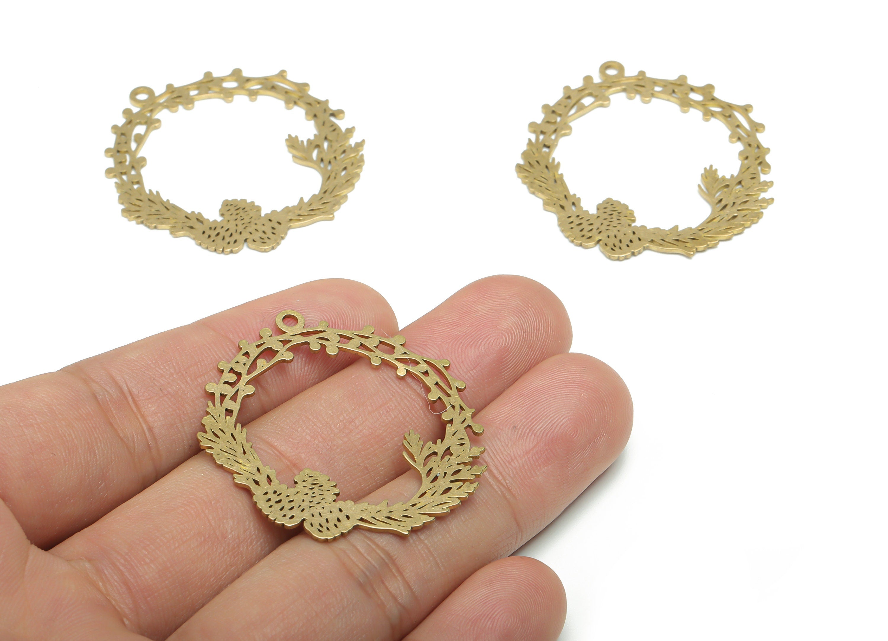 Brass Round Branch Earring Charms - Raw Brass Circle Flowers Pendant - Jewelry Making Supplies - 39.65x36.23x0.84mm - PPZ0138 - DOMEDBAZAAR