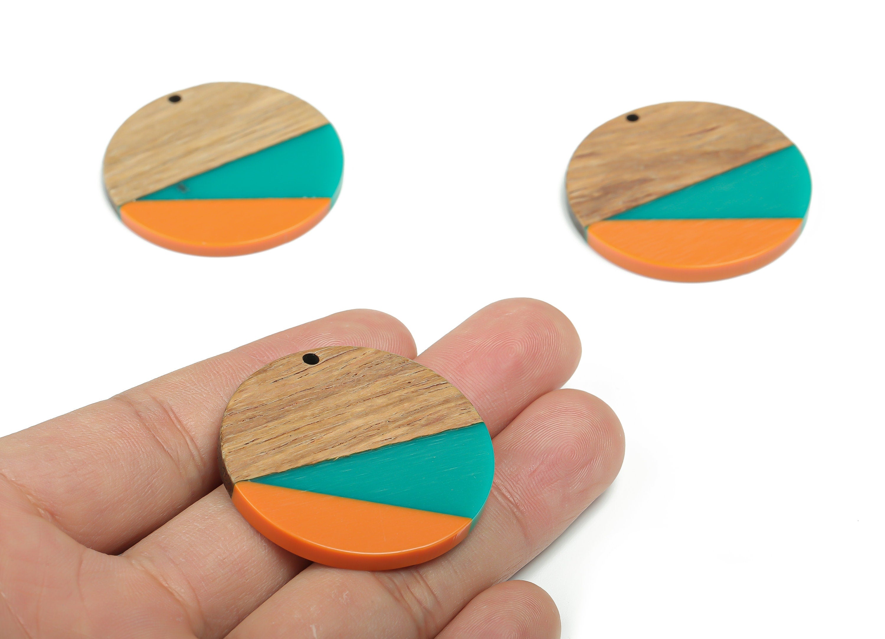 Natural Wooden Round Friangles Charms - Resin Geometric Pendant - Green Orange& Coffee Walnut - Jewelry Supplies - 38.22x38.2x3.6mm - BB1130 - DOMEDBAZAAR