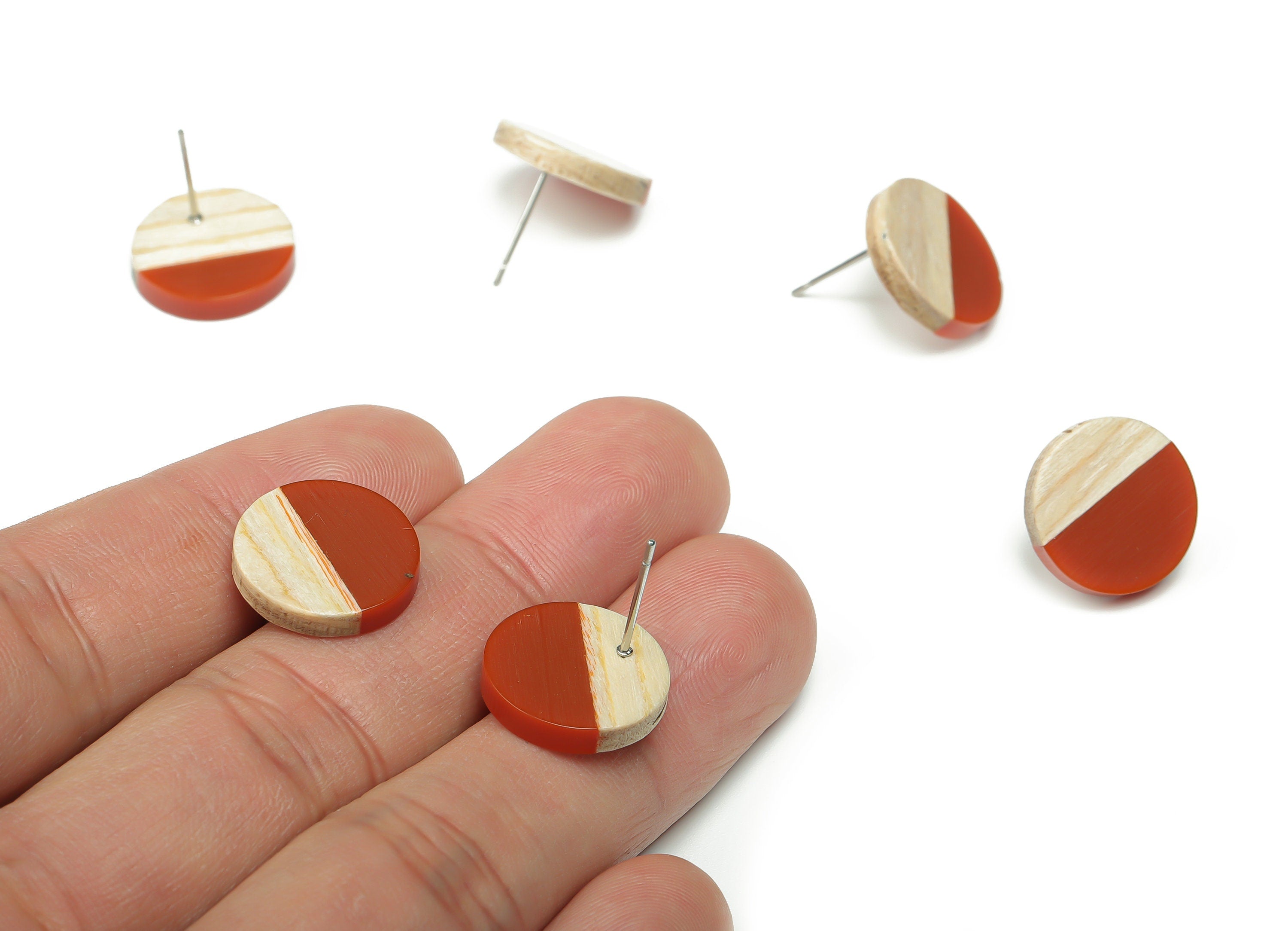 Plain Wood Round Earring Stud - Resin Circle Earring Post - 316 Surgical Stainless Steel Stud - Jewelry Supplies - 15.1x15.1x3.6mm - BB1132B - DOMEDBAZAAR