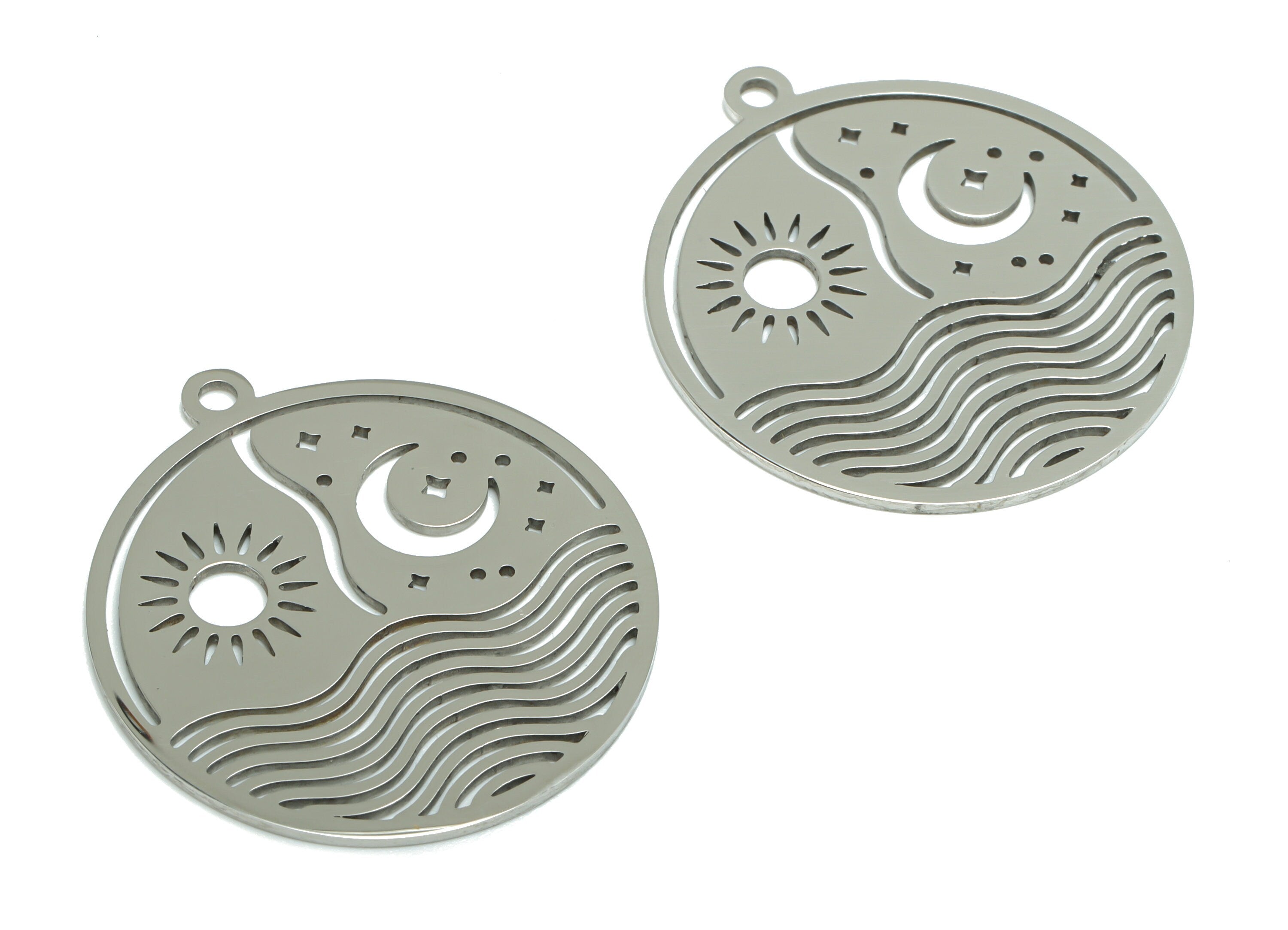 Stainless Steel Round Sun Moon Star Waves Charms - Stainless Steel The Sun Shines On The Sea Pendant - 32.6x29.8x0.9mm-SSZS0020 - DOMEDBAZAAR