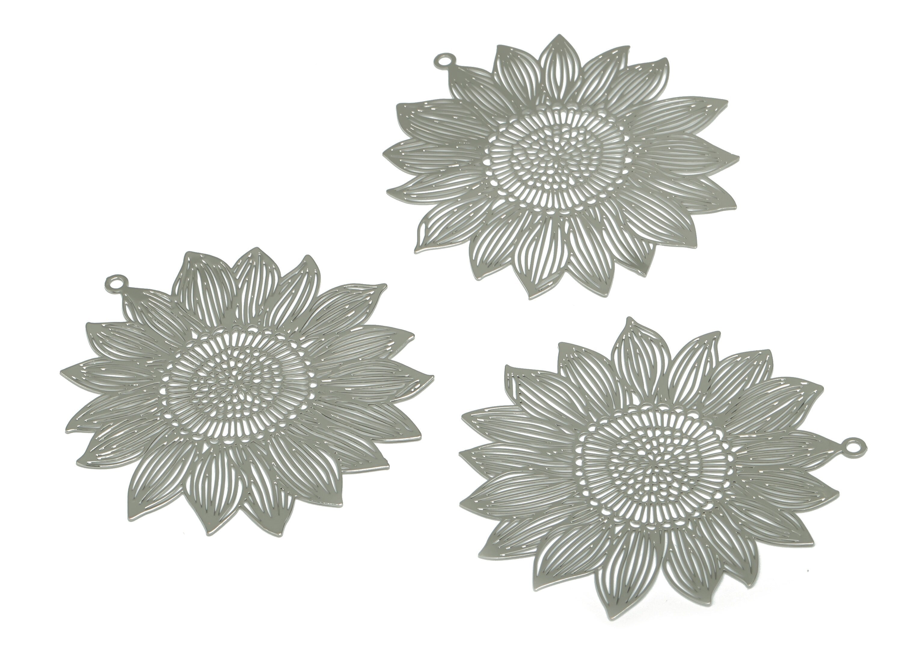 Brass Sunflower Earring Charms - Silver Flower Pendant - Silver Tone Plated Brass - Jewelry Making Supplies - 56.85x52.16x0.35mm - JJA4616S - DOMEDBAZAAR