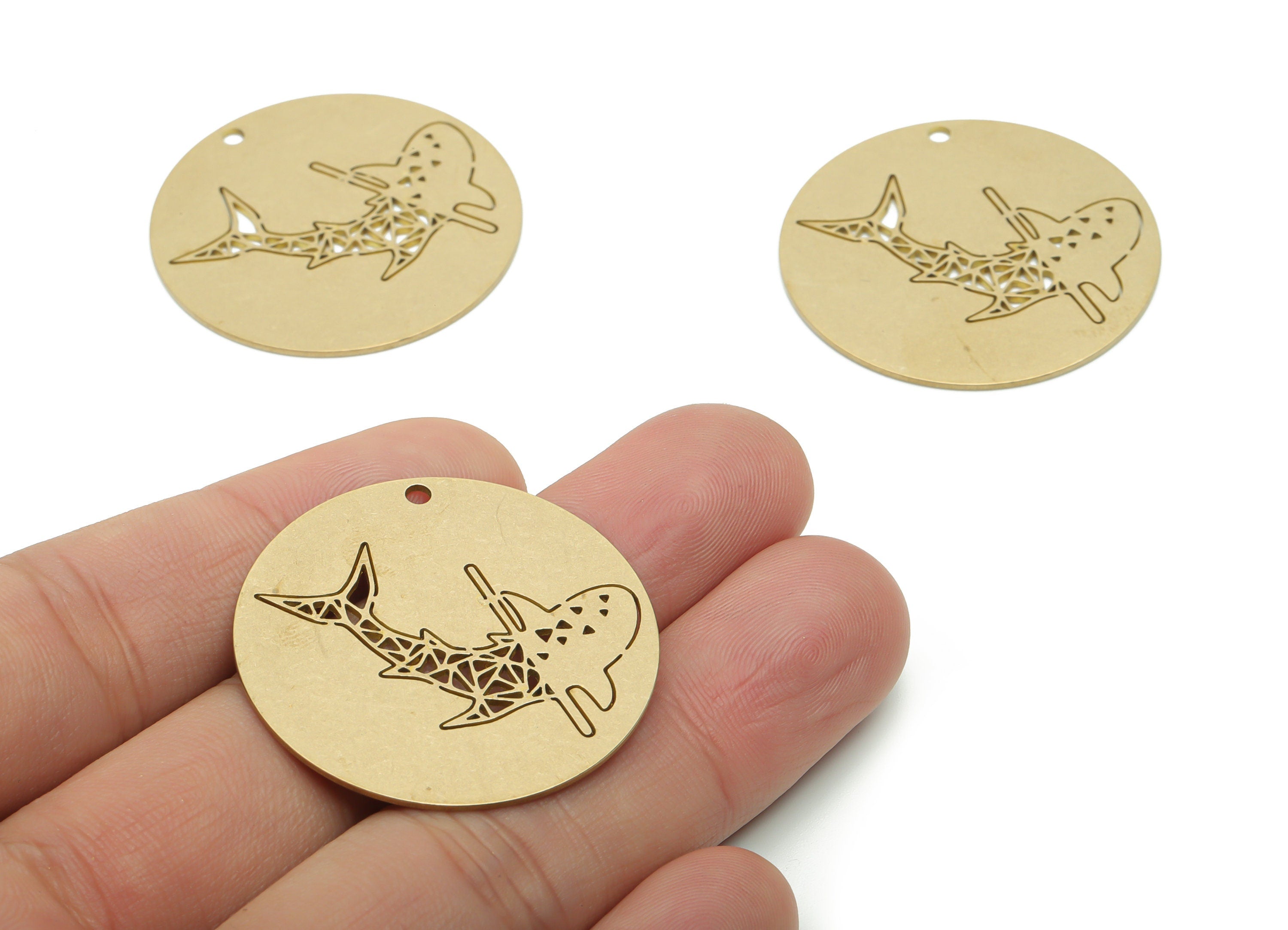 Brass Round Dolphin Earring Charms - Raw Brass Shark Circle Pendant - DIY Jewelry Making Supplies - 34.82x34.82x0.77mm - PPA1260 - DOMEDBAZAAR