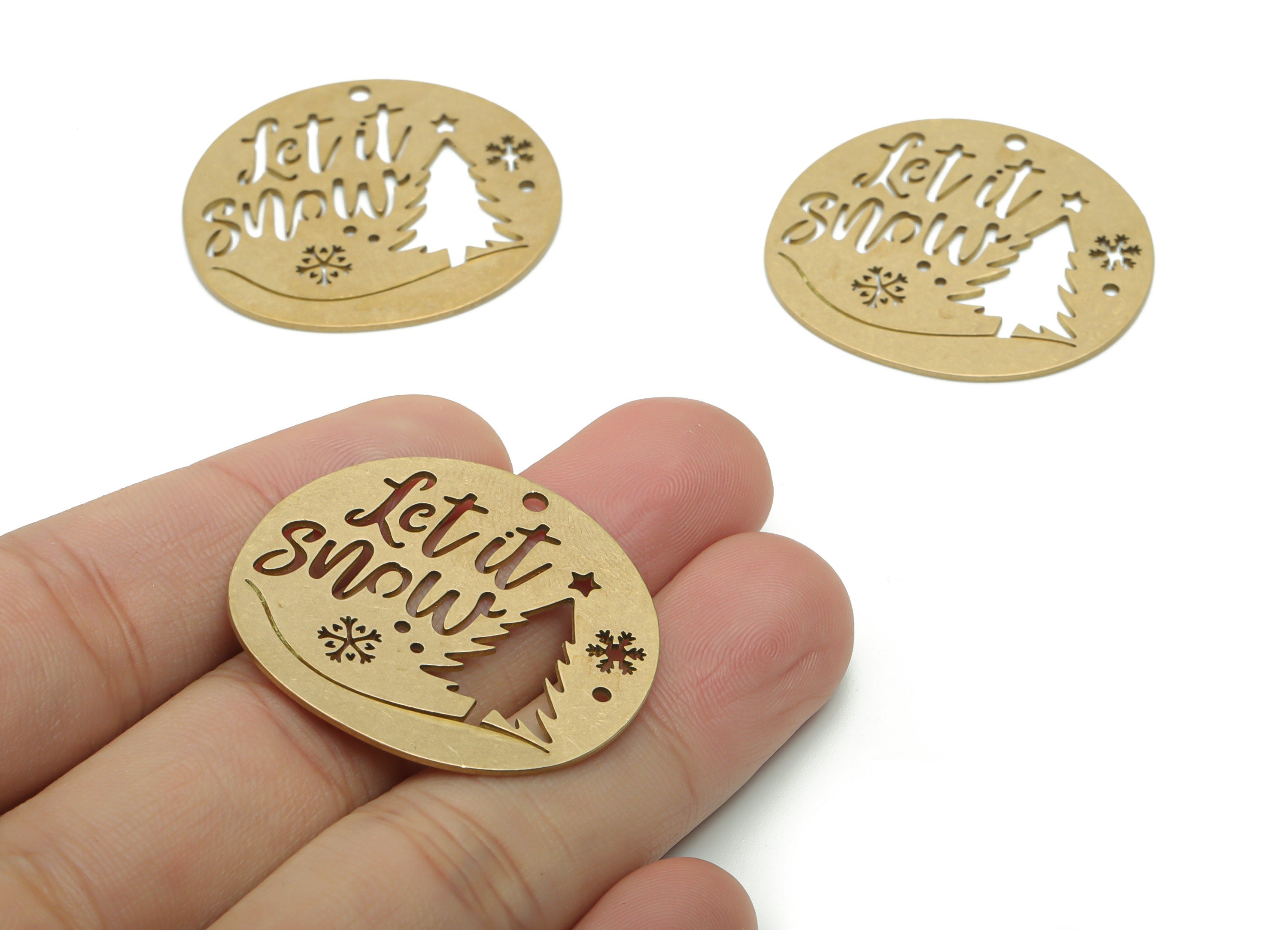 Brass Round Let It Snow Star Words Earring Charms - Raw Brass Christmas Tree Snowflakes Phrase Pendant - 34.81x32x0.8mm - PPZ0117 - DOMEDBAZAAR