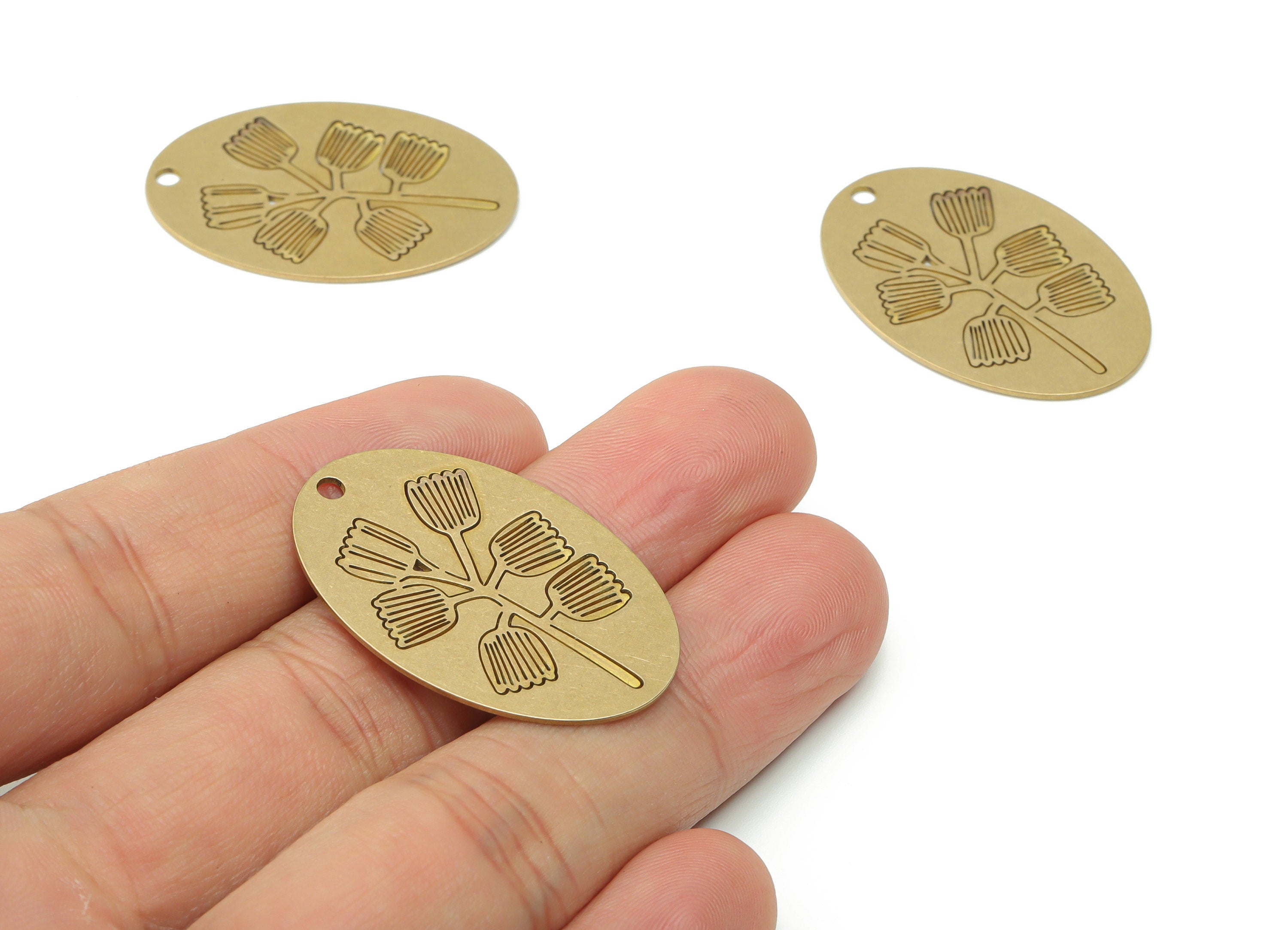 Brass Oval Flower Earring Charms - Raw Brass Flower Oval Pendant - DIY Jewelry Making Supplies - 34.88x24x0.68mm - PPA0366 - DOMEDBAZAAR