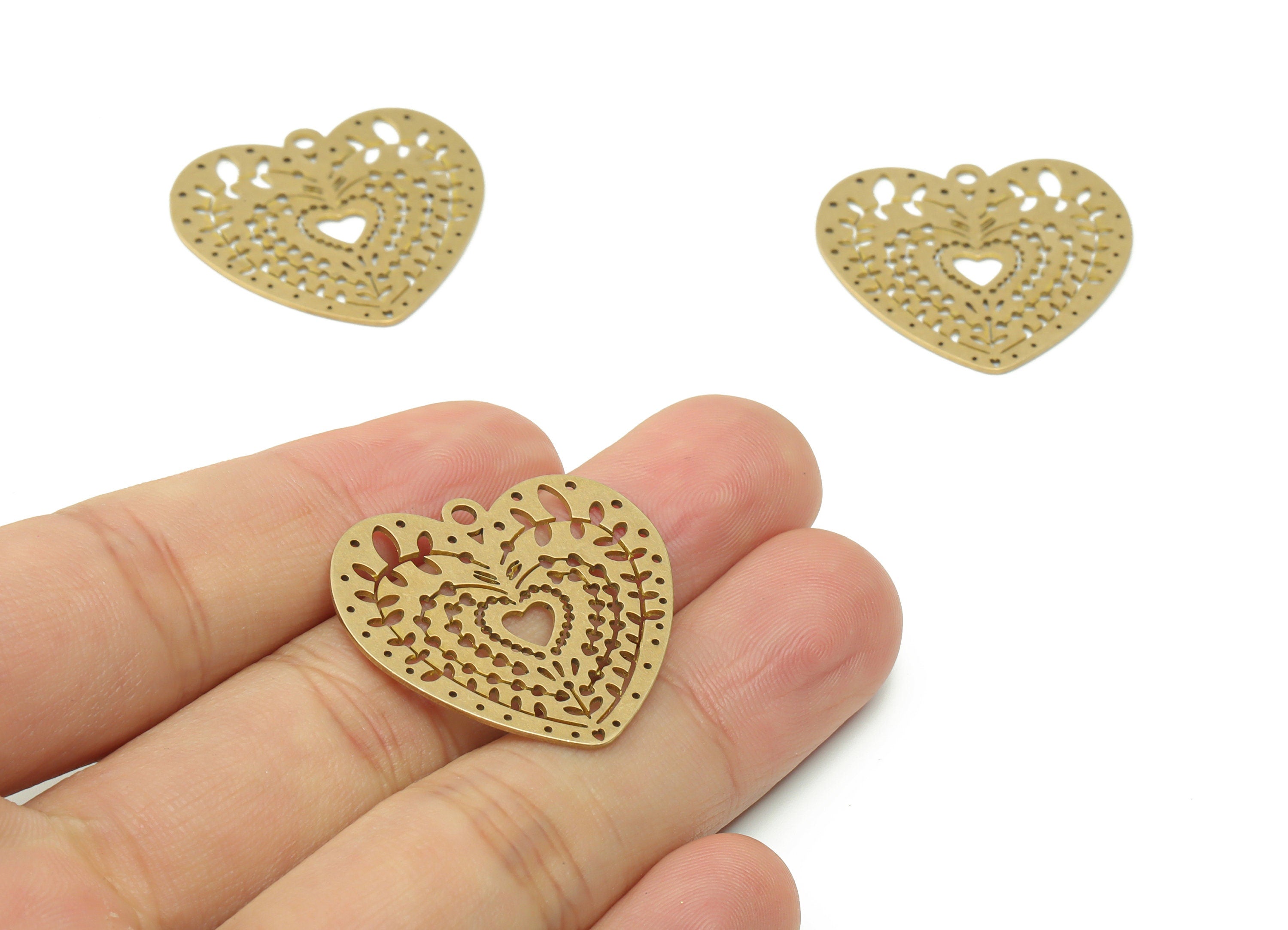 Brass Heart Earring Charms - Raw Brass Heart Branchs Pendant - Jewelry Making Supplies - 29.67x27.61x0.64mm - PPA0490 - DOMEDBAZAAR