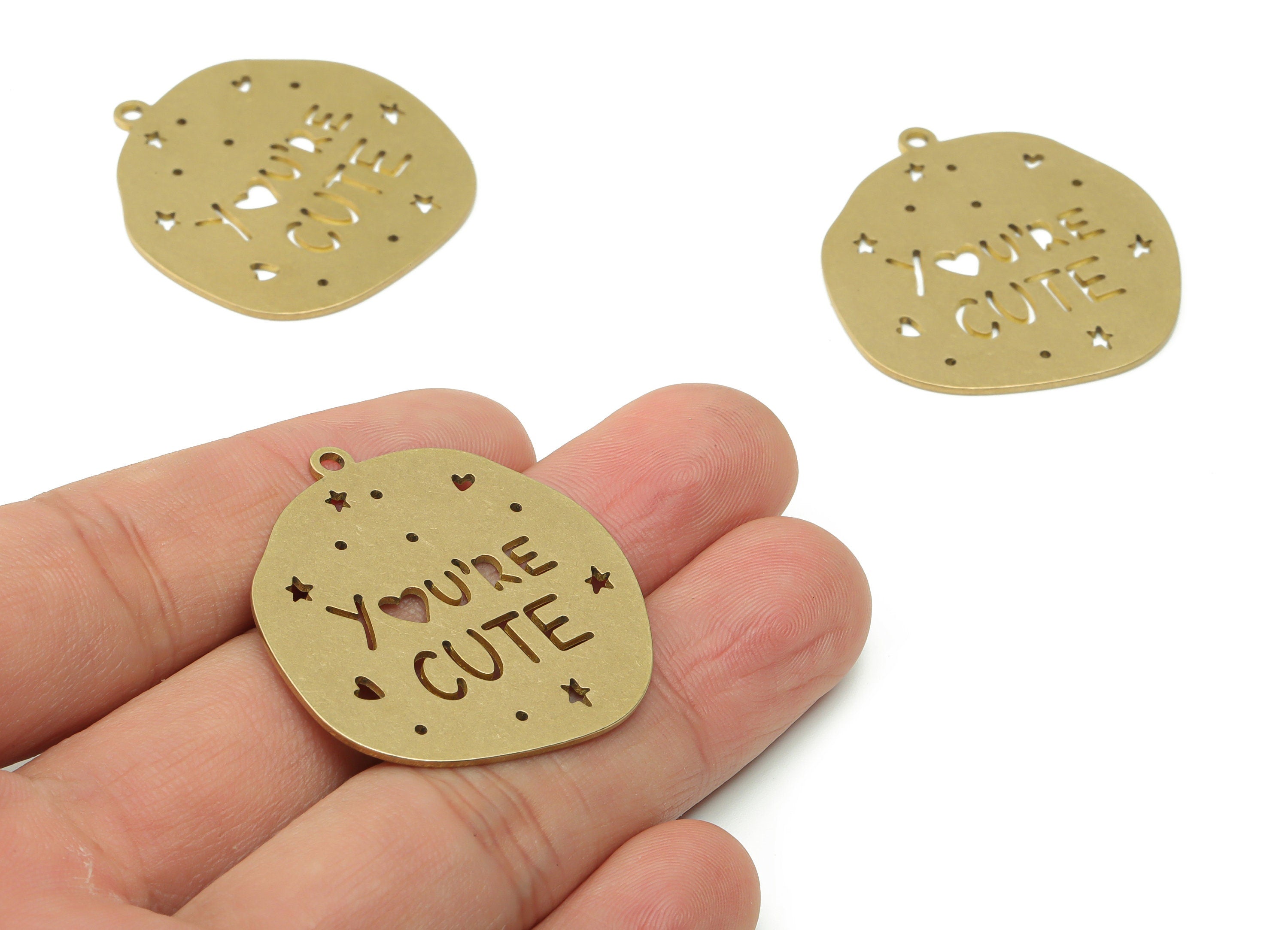 Brass You'RE CUTE Earring Charms - Raw Brass Star Heart Pendant - Jewelry Making Supplies - 37.42x34.52x0.87mm - PPZ0045-1 - DOMEDBAZAAR