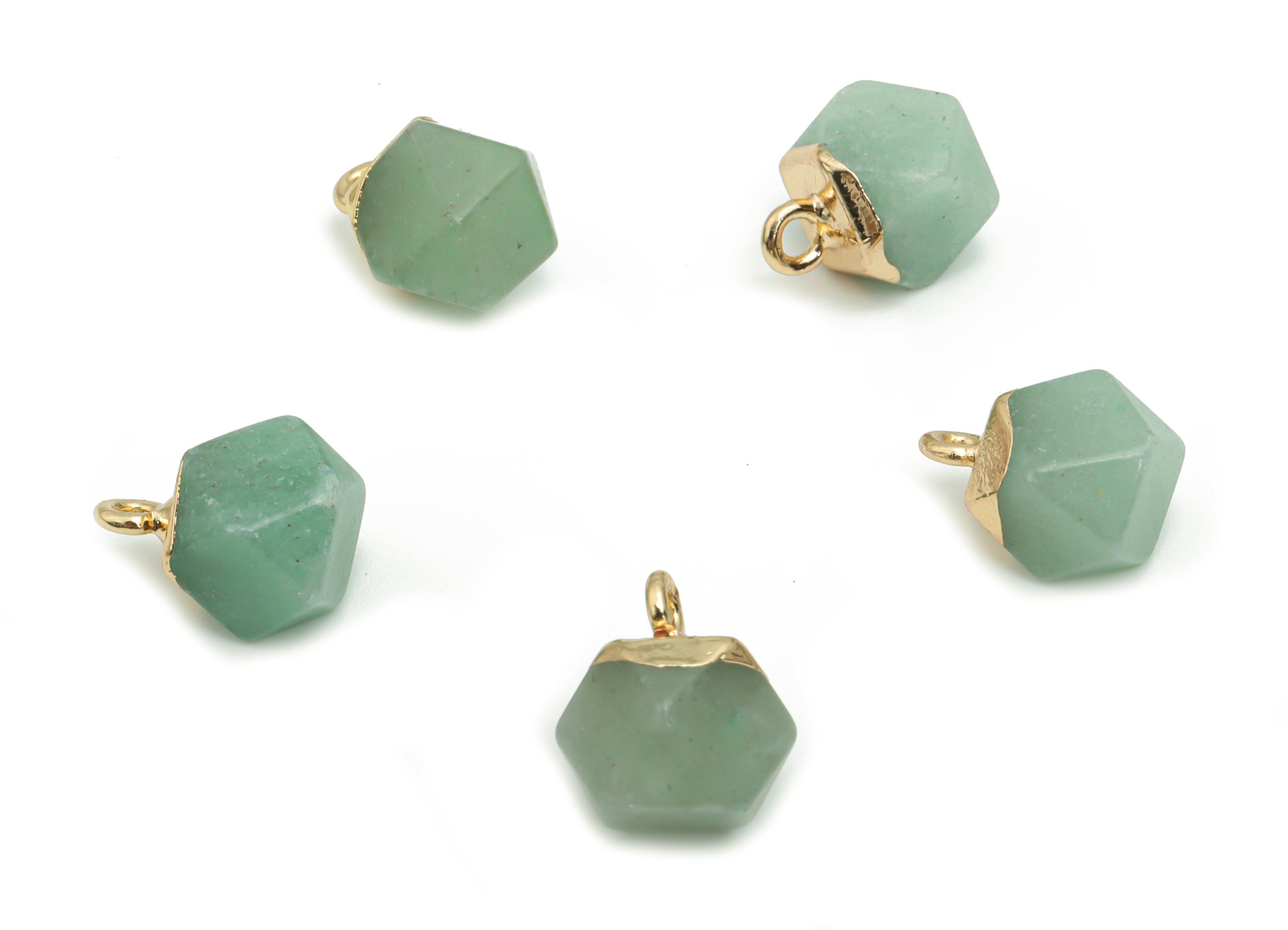 Aventurine Hexagon Earring Charms - Brass Hexagon Pendant - Iron Loop - Natural Stone - Gold Tone Plated Brass – 12.57x8.45x8.2mm – NS1580F - DOMEDBAZAAR