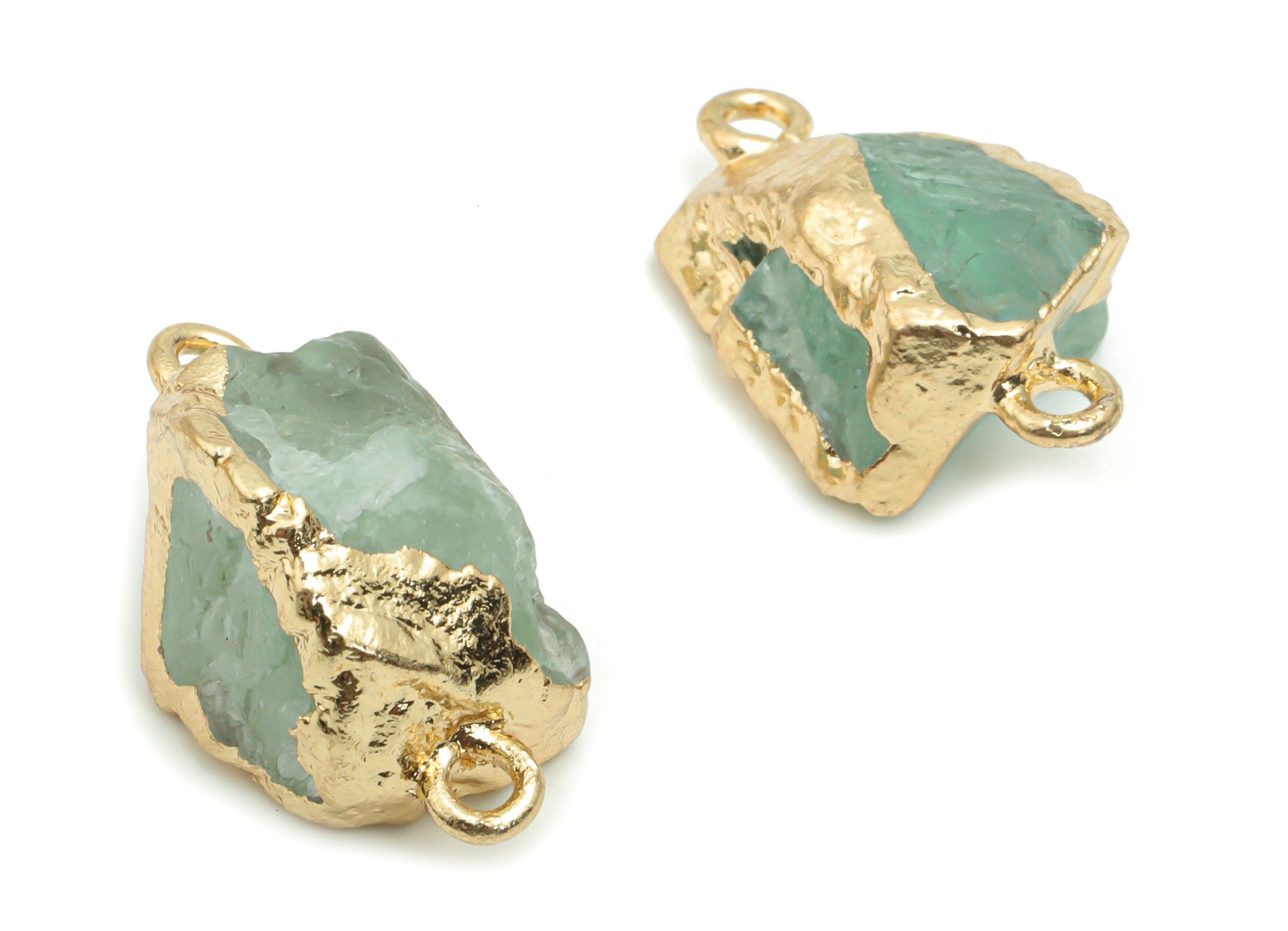 Green Fluorite Earring Connector - Brass Irregular Charms - Iron Loop - Natural Stone - Gold Tone Plated Brass – 19.16x9.41x9.23mm – NS1593 - DOMEDBAZAAR