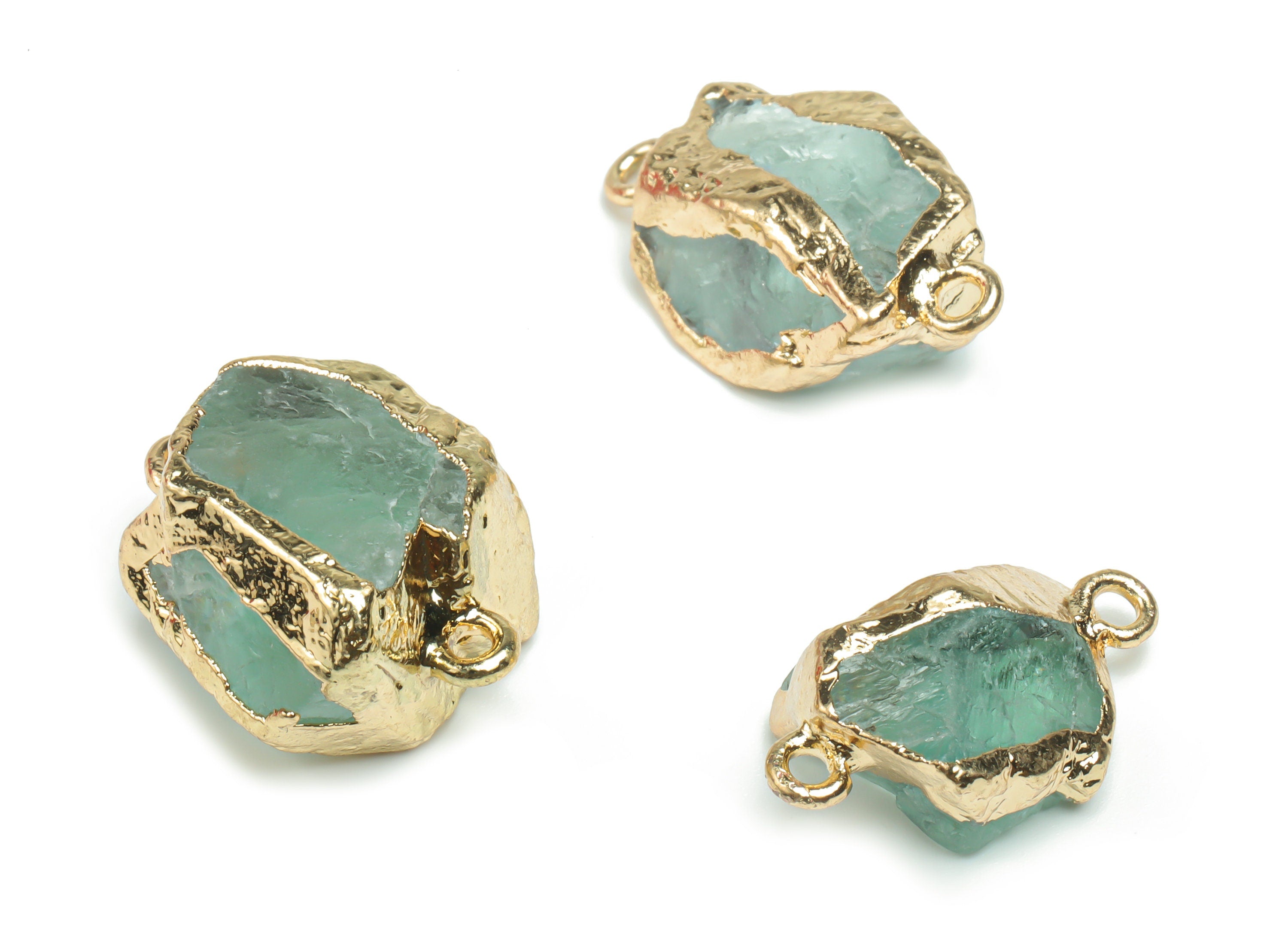 Green Fluorite Earring Connector - Brass Irregular Charms - Iron Loop - Natural Stone - Gold Tone Plated Brass – 19.16x9.41x9.23mm – NS1593 - DOMEDBAZAAR