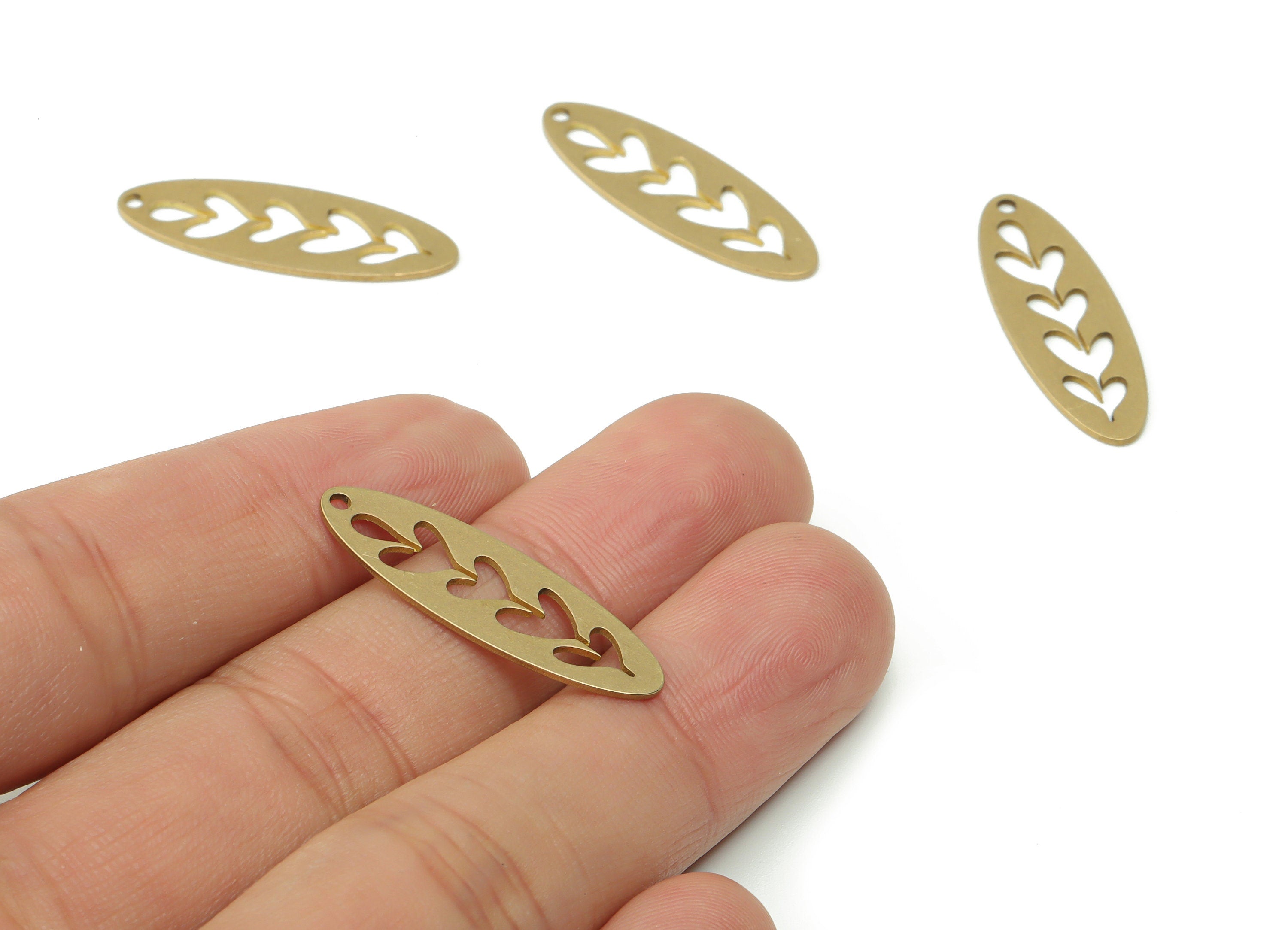 Brass Oval Hearts Earring Charms - Raw Brass Hearts Oval Flower Branch Pendant - Jewelry Making Supplies - 29.75x9.88x0.62mm - PPA0376 - DOMEDBAZAAR