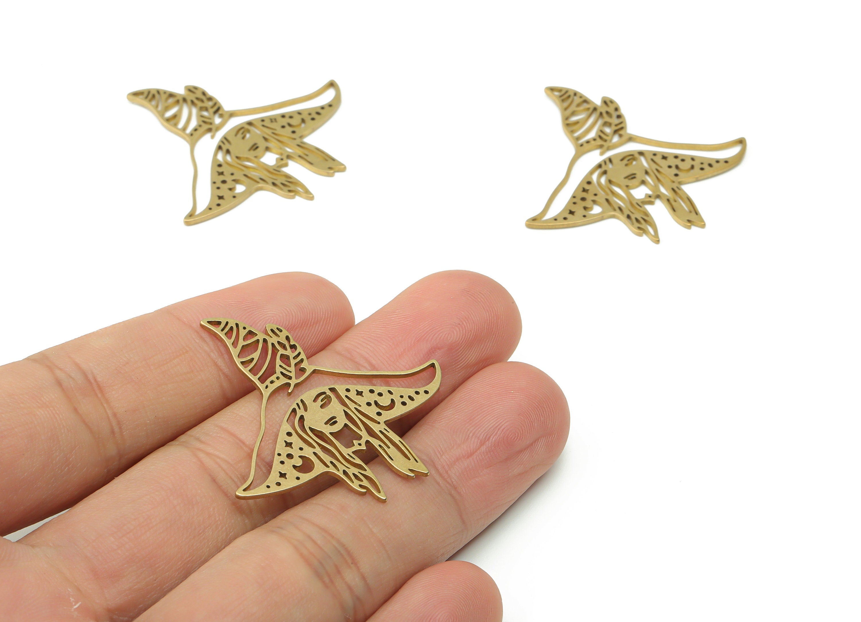 Brass Long-haired Woman Leaves Earring Charms - Raw Brass Phases of Moon Featureshat Witch Pendant - 37.24x37.08x0.91mm - PPZ0080 - DOMEDBAZAAR