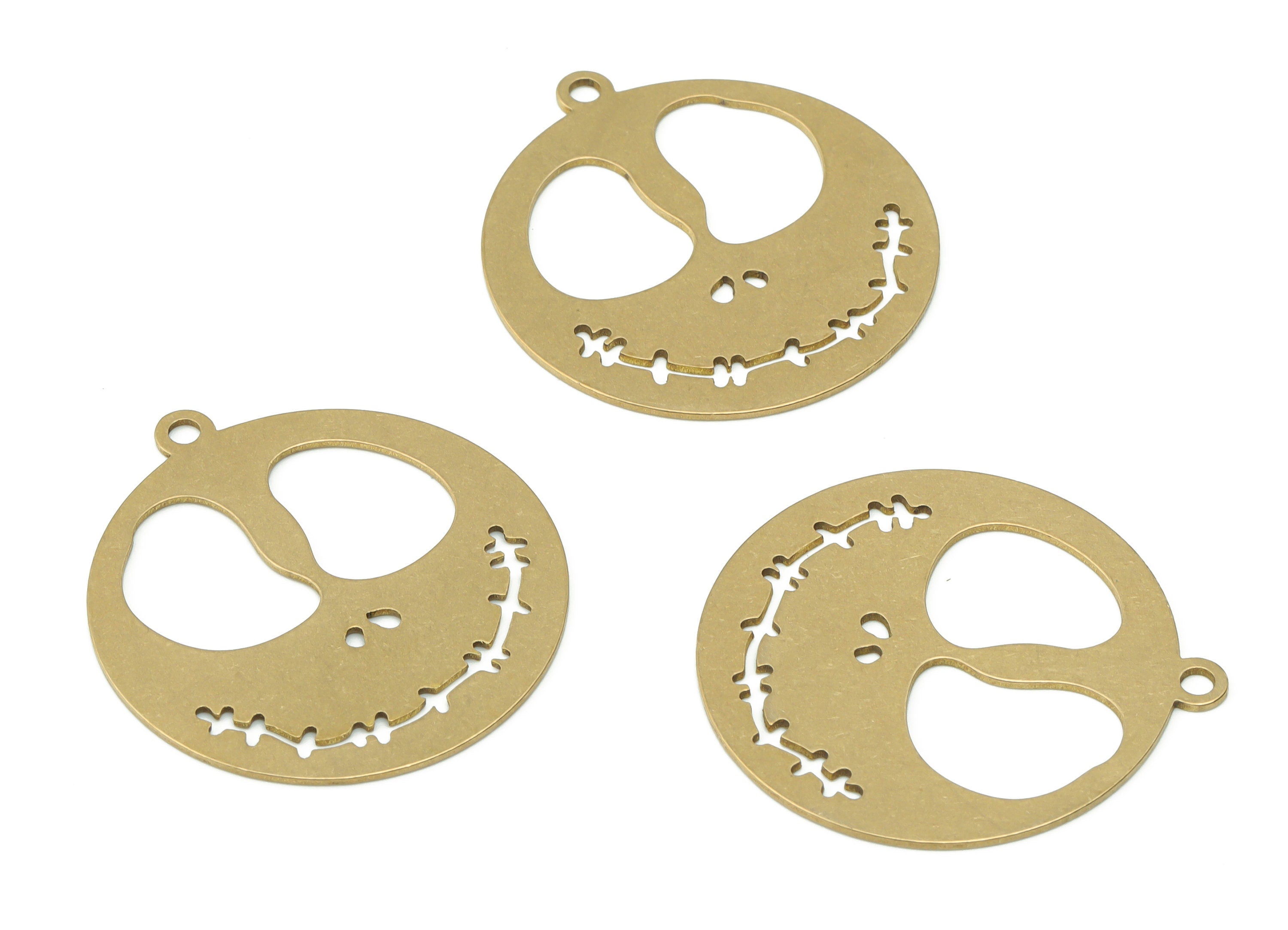 Brass Round Branch Earring Charms - Raw Brass Smiley Skull Pendant - DIY Jewelry Making Supplies - 32.86x29.85x0.6mm - PPZ0064 - DOMEDBAZAAR