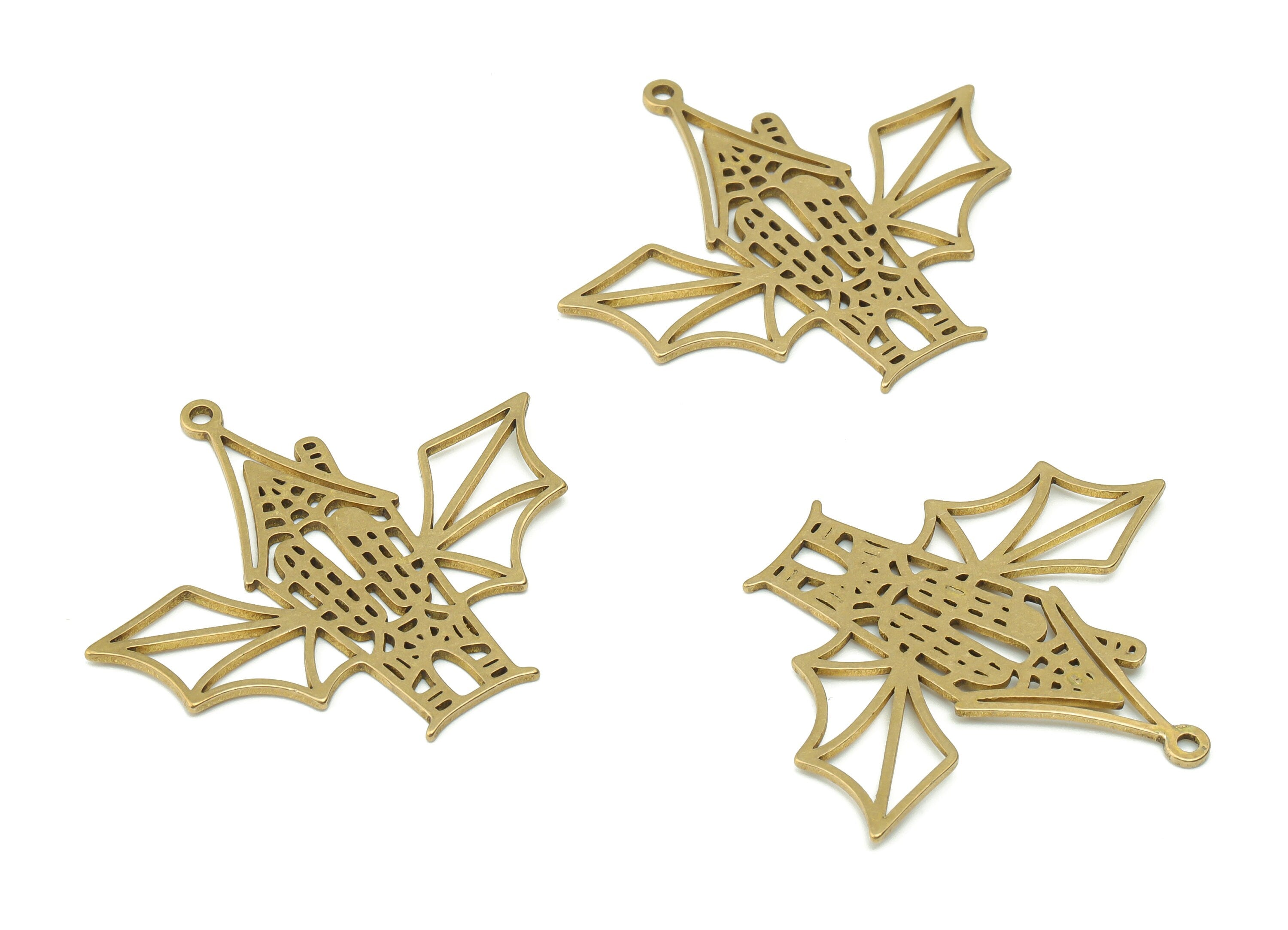 Brass Windmill Bat House Earring Charms - Raw Brass Bat House Pendant - DIY Jewelry Making Supplies - 37.8x34.24x0.86mm - PPZ0069 - DOMEDBAZAAR